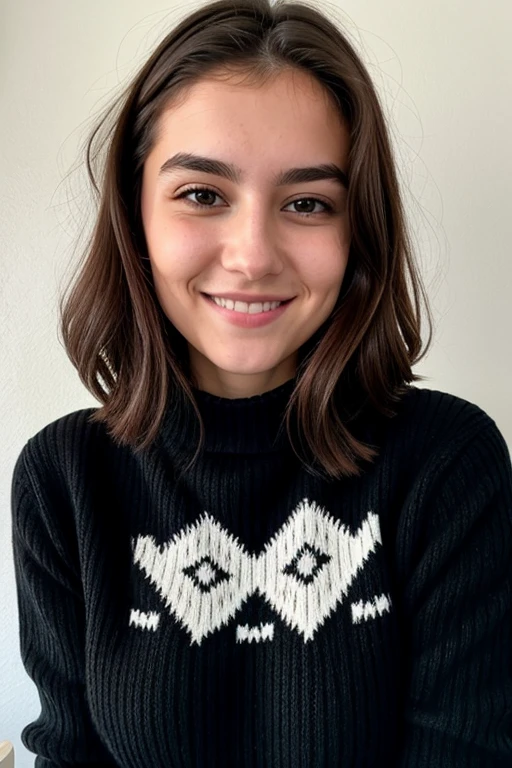 Instagram-Foto, Nahaufnahme Gesicht Foto von 23 Y.o Chloe im schwarzen Pullover, Spaltung, blasse Haut, (smil:0.4), Harte Schatten make more images like this