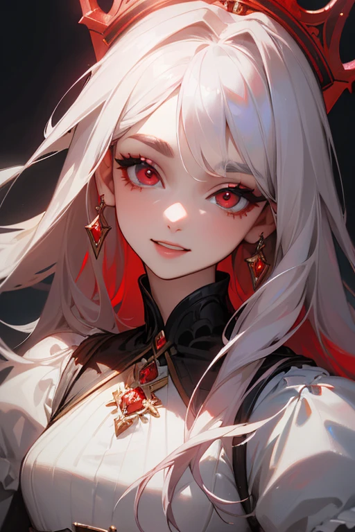 (highest quality, masterpiece:1.2), High resolution, Super detailed, realistic:1.37, fantasy, An illustration, red eyes, Queen, white dress.Platinum decoration、beautifully、Eyeshadow Red、eyebrows are dark、lashes are long、Pupils are black、smile showing teeth、