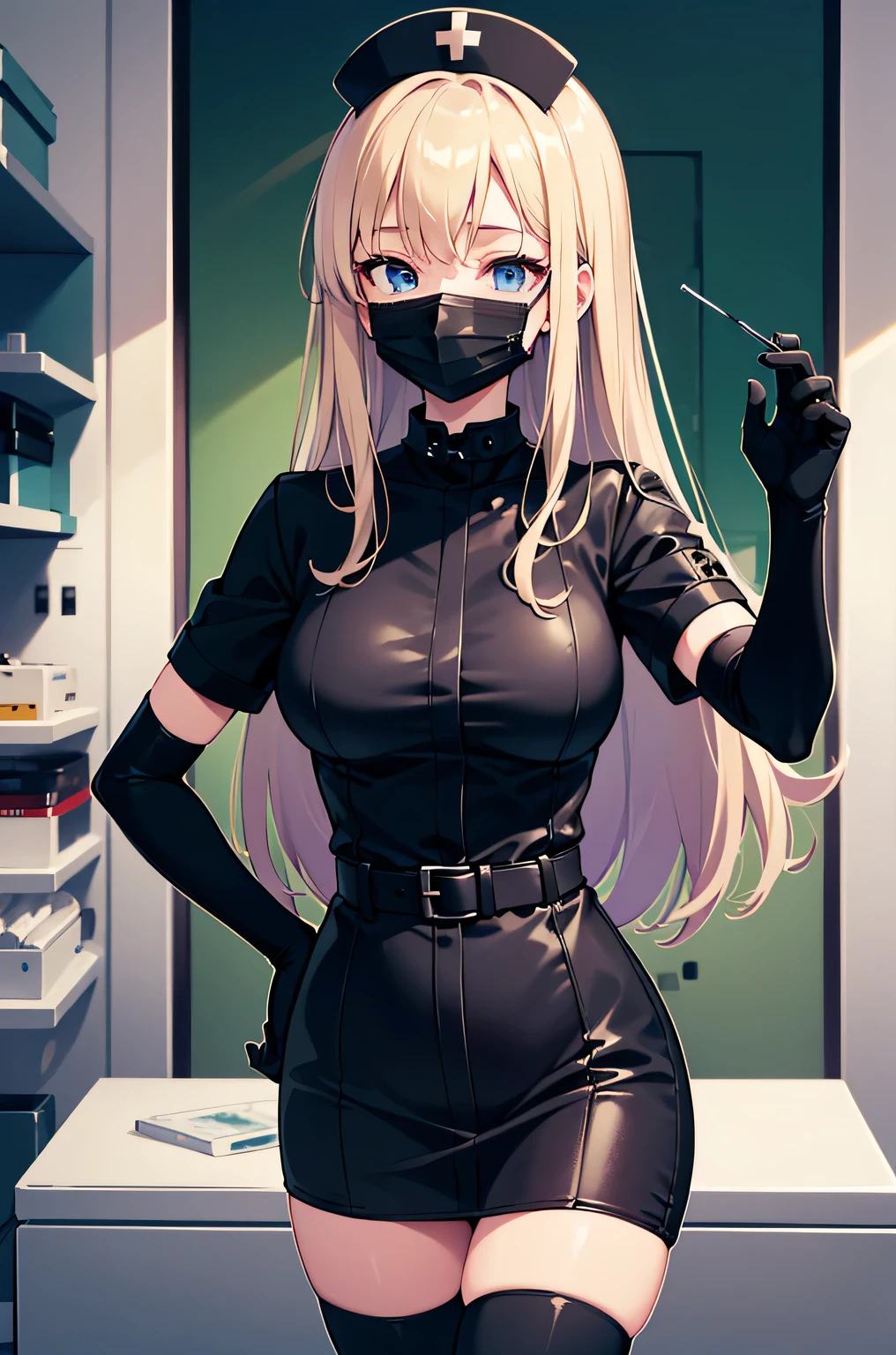 black nurse, 1 female, alone, black nurse cap, Black Wear, ((black legwear, zettai ryouiki)), black elbow gloves, blonde hair, blue eyes, ((Black surgical mask, Covered nose)), Are standing, ((operating room)), sharp outline, short sleeve, mature woman, 35 years old, highest quality, masterpiece