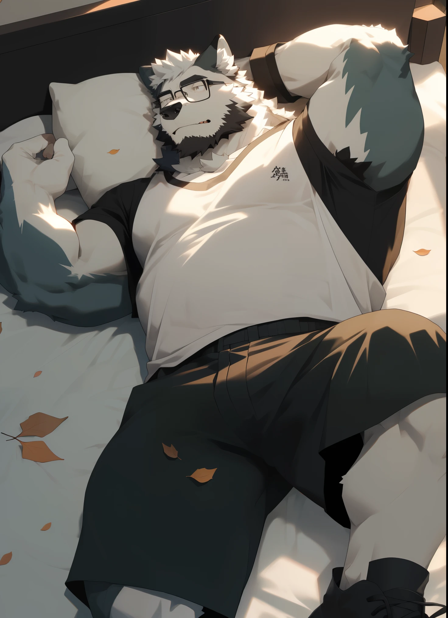 garden, fox boy, short white hair, tank top, shorts, shirt, silly smile, blushing red face, heart-shaped pupils, drooling, (best quality,4k,8k,highres,masterpiece:1.2),ultra-detailed,(realistic,photorealistic,photo-realistic:1.37),extremely detailed eyes and face,longeyelashes,highly detailed hands,full body shot,showing feet, lying on bed,high angle view,extremely detailed toes