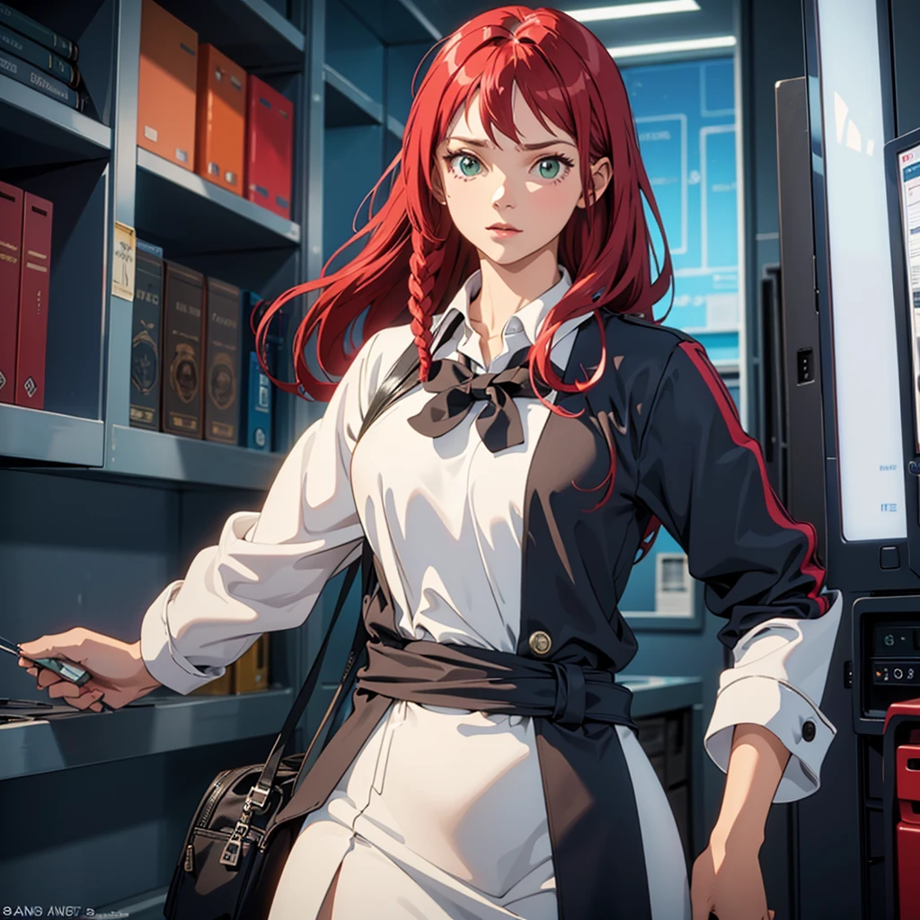 ((best quality)), ((masterpiece)), (detailed), perfect face, woman wearing office clothes, red hair, long hair, green eyes,