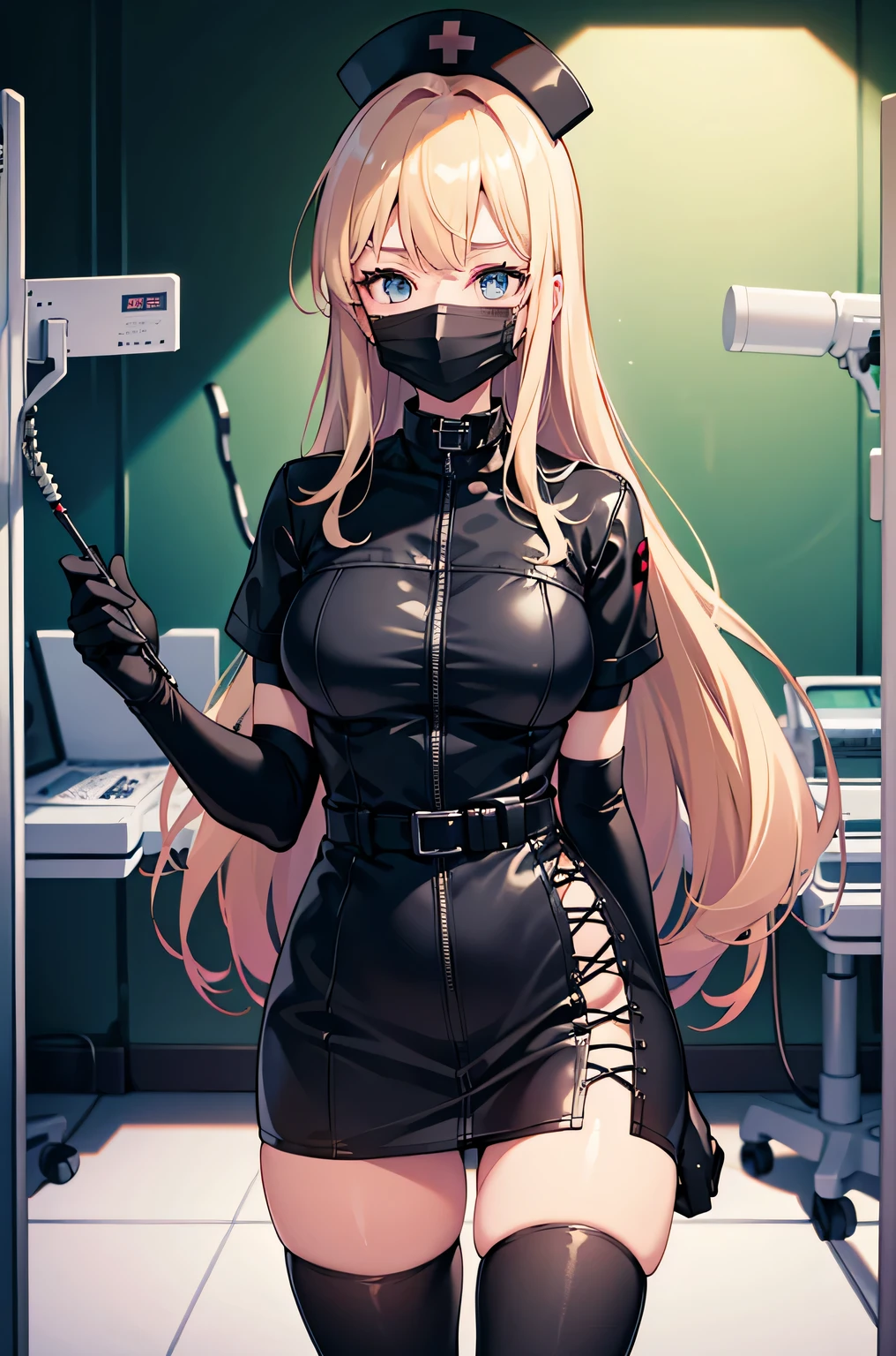 black nurse, 1 female, alone, black nurse cap, Black Wear, ((black legwear, zettai ryouiki)), black elbow gloves, blonde hair, blue eyes, ((Black surgical mask, Covered nose)), Are standing, ((operating room)), sharp outline, short sleeve, mature woman, 35 years old, highest quality, masterpiece