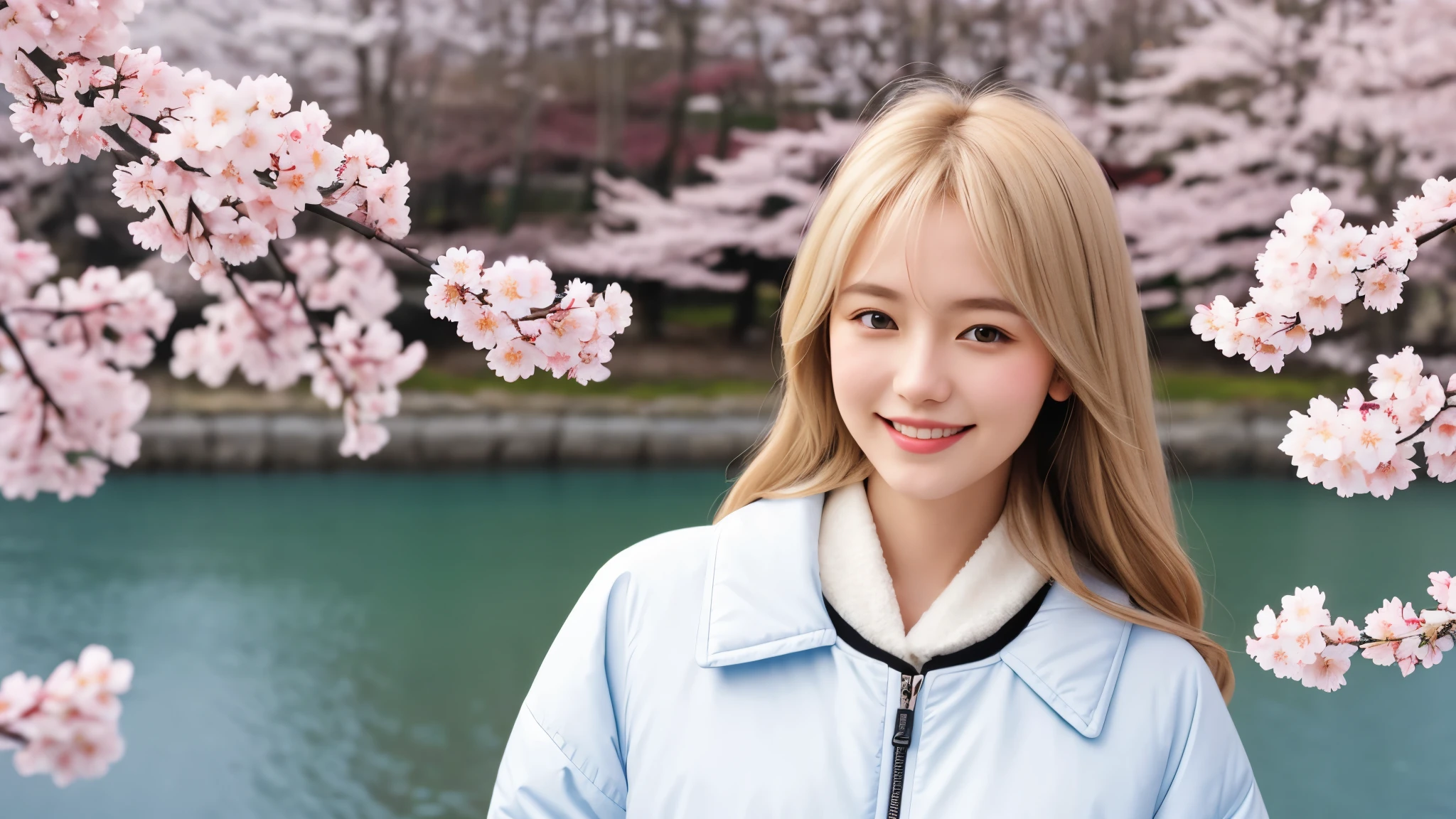 Instagram pictures, 1Russian Girl, Shoulder length hair, with light blonde hair, Close-up photo, coat, The background is the lake Kawaguchiko with cherry blossom, Japan, smile a little,