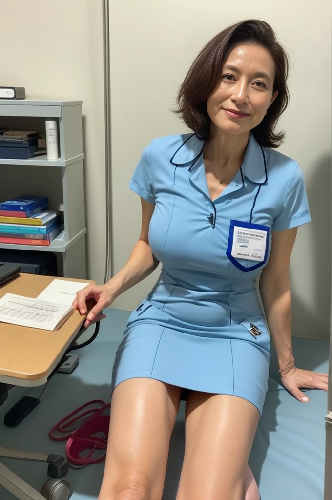 masterpiece, best quality, 16K, hospital, operating room, old woman, interior photo, glad, smiling, skirt lift, (legs spread), (m legs), ((spread pussy)), (squatting), front view, long hair, ponytail, black hair, eyes open, (large breasts:1.41), (wrinkles corners eyes:1.32), (nasolabial:1.32), (old skin:1.32), freckled skin, wrinkles skin, pale skin, (old muscles:1.2), plump, {(nurse), ((breast pocket)), ((collared dress)), ((short dress:1.48)), (LightBlue dress), ((short sleeves)), ((thighs)), (LightBlue headwear), (red tee-back panties), (LightBlue sandals), ((stethoscope))}, undone clothing, beauty mark, 65-year-old, old, elderly, japanese, inside, in the hospital, with a operating table, in the afternoon, real person, ultra realistic photo, nsfw, full body shot, from front, front view