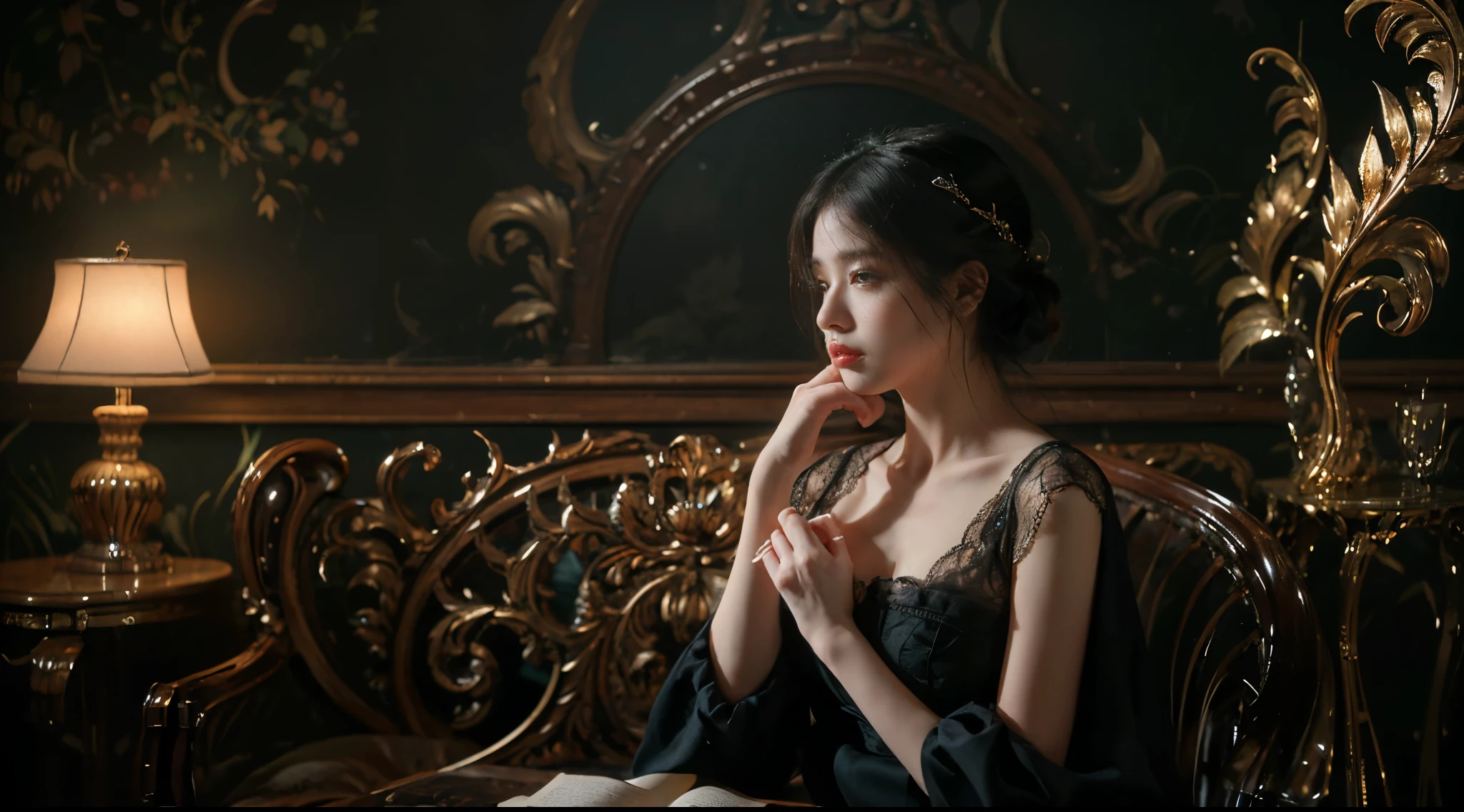 官方Art, unified 8k wallpaper, Super detailed, beautiful, beautiful, masterpiece, best quality, dark, Atmospheric, mystery, Romantic, crawl, literature, Art, Fashion, victorian era, decorate, complex, ironwork, lace, Brooding, emotional depth, supranatural, 1 girl, alone, neck, bust composition