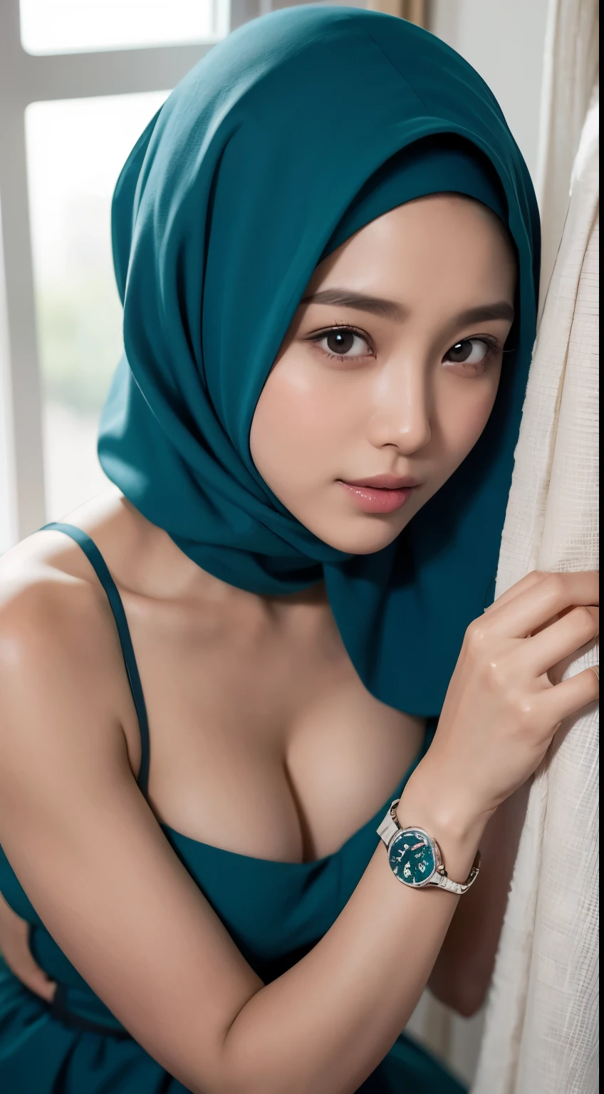 1 indonesia girl, wlop, medium breasts, modern hijab, teal color hijab, high resolution, nier (series), nier automata, peach lips, shadow face, hijab, solo, close up selfie, janitor room with window and curtain, nude, wet body, seductive smile, look on camera, nsfw, cloth on floor, seductive lips, dense pubic hair, rest on pillow bed, on bed, foot braclet, bracelet, watch,  ring on finger, selfie with Phone, close up, nude selfie, playing phone