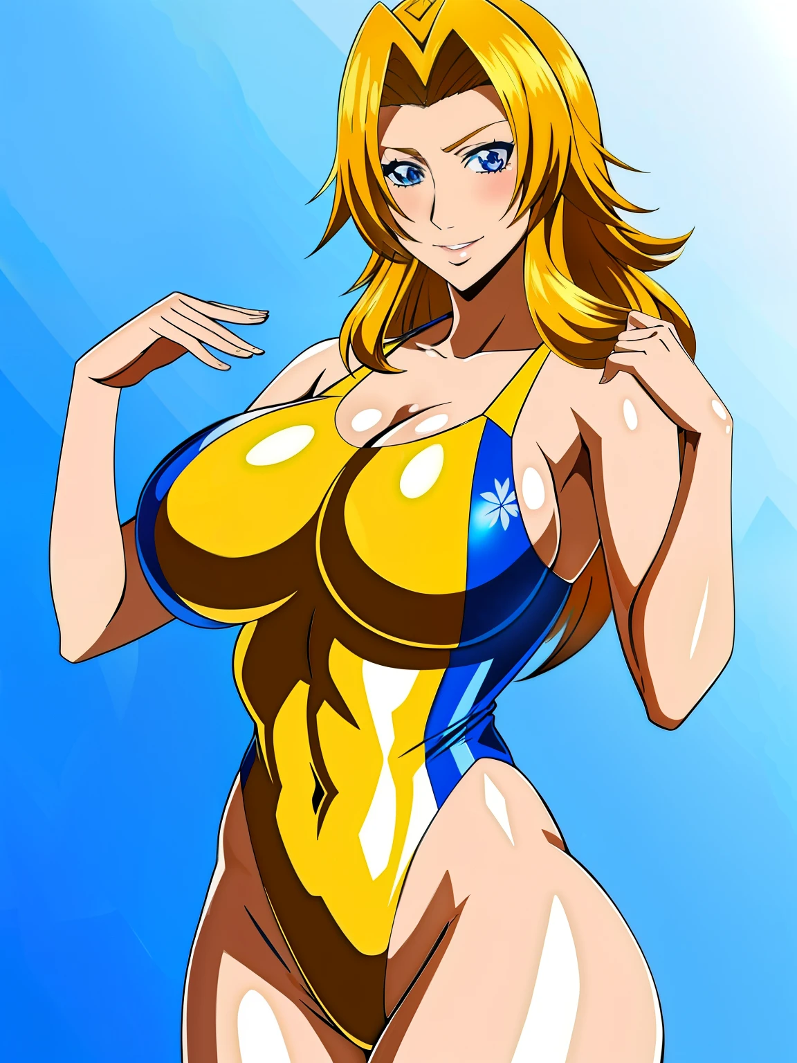 anime girl、mature woman、beautiful girl、solo、girl wearing a swimsuit、Short blonde girl、medium long hair、medium hair、rating:safe、one piece swimsuit、 黒とオレンジのタンクスーツを着たanime girl、黒と金色のタンクスーツを着たanime girl、 黒とオレンジのHigh Leg Racing Swimwear、黒と金色のHigh Leg Racing Swimwear、black and orange high leg racing swimsuit、black and gold high leg racing swimsuit、big breasts、woman with very large breasts、clothing:High-cut swimwear、shiny、Blue-eyed girl、shiny_clothes、grey_background、girl with half up hair、mouth open、shiny skin、covered_navel、cowboy shot、smile、thigh gap、shiny hair、Swimsuit、High Leg Racing Swimwear、looking_at_viewer、;d、simple_background、collarbone、strong abdominal muscles、anime girlが立っている、earrings、The best girls in anime、Gweiz style artwork、detailed digital anime art、perfectly shaded body、Realistic anime 3D style、美しい魅力的なanime girl、realistic anime art style、realistic shaded perfect body、