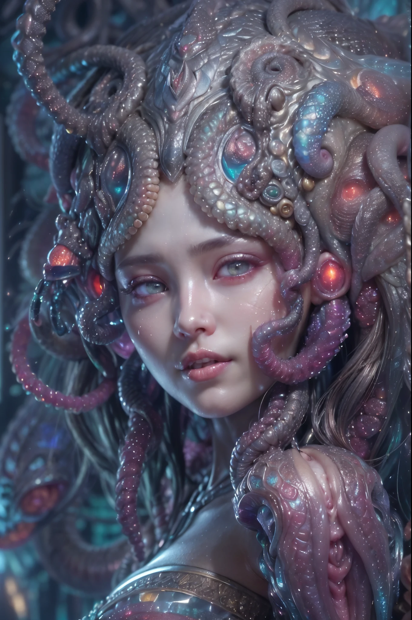 (1 beautiful and obscene female alien:1.4), (There is a female genital-like organ in the middle of her forehead:1.95), She has medusa-like hair, (there are lots of translucent tentacles from her head like her hair:1.5), (vulgarity1.7), (she is looking down at viewers with glowing red eyes with no pupils:1.6), (She has translucent pale skin:1.4),(She has the most beautiful face in the history of the universe:1.2), (She has multiple bioluminescent organs on the side of her tentacles:1.4), (Her body is covered with an iridescent exoskeleton:1.4), (She is showing her arm pits:1.6), an evil gaze that seduces, (looking down at viewers:1.4),(Vampire-like long canine teeth can be glimpsed through the gap between the cute lips:1.4) (bio luminescent:1.4), (Smile wickedly:1.3), (sexypose:1.4), alien, No humans, cells are fused, extraterrestrial, cell, bio image, ultra high resolution, (photos realistic:1.7), (Numerous award-winning masterpieces, with incredible detail, textures and maximum detail), Dramatic Lighting, cinematic quality, (exquisite details:1.2), High freshness, drawing faithfully, (Thick eyebrows:1.2), Beautiful eyes with fine symmetry,(Highly detailed face and eyes:1.2),(Super detailed skin quality feeling:1.4), perfect anatomy, (Beautiful toned body:1.5), (Moist skin:1.2), not wearing makeup, (dark circles:1.1), long canines, cinematic drawing of characters, cinematic quality, (exquisite details:1.2), high resolution, High freshness, drawing faithfully, official art, Unity 8K Wall paper, ultra detailed artistic photography, midnight aura, unreal engine 5, Ultra Sharp Focus, art by Amano Yoshitaka, ArtGerm, ultra realistic realism, dream-like, Creation of fantasy, dream Snail, (biopunk nautilus:1.3),Thrilling color schemes, seductively smiling, Amazing mutation, well-proportioned body, goddess of the deep sea, fractal, Geometric pattern, impossible figures, subtle emerald green accents, (expression of ecstasy:1.5)