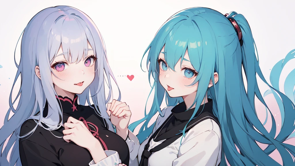(masterpiece), (best quality), (ultra detailed),(dishevelled hair),(illustration), ((twins sisters, blue hair)(2woman)), long hair, standing, Fashion model ( pink ying yang clothes), looking at viewer, (interview), (casual school background),beautiful blue eyes, delicate beautiful face, ,(high saturation),(colorful splashes),(shining), blue hair (shining), bangs, best lighting, best shadow. smiling. big breast. kissing (sister love)