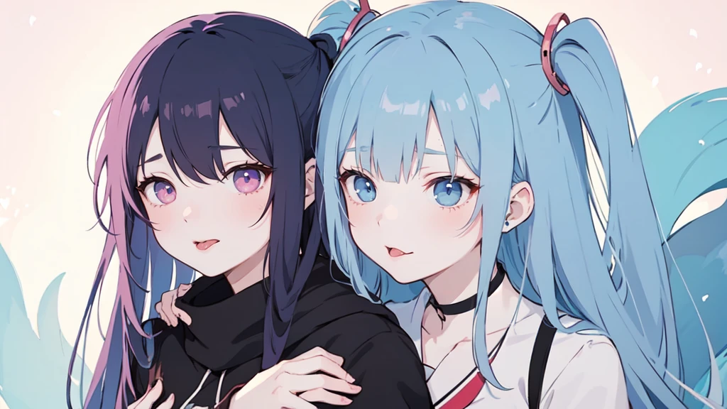 anime - style image of two young women with grey-blue hair, artwork in the style of guweiz, loish and ross tran, guweiz, loish and wlop, anime style illustration, two beautiful anime girls, inspired by Yanjun Cheng, loish art style, anime style portrait, digital anime illustration, soft anime illustration, anime art style, one girl with two tails gently holds another girl's face in her hands, hugs gently, one yandere girl licks another girl's cheek with her tongue, yandere girl, tongue sticking out, passionate look, blush, one girl kisses another girl