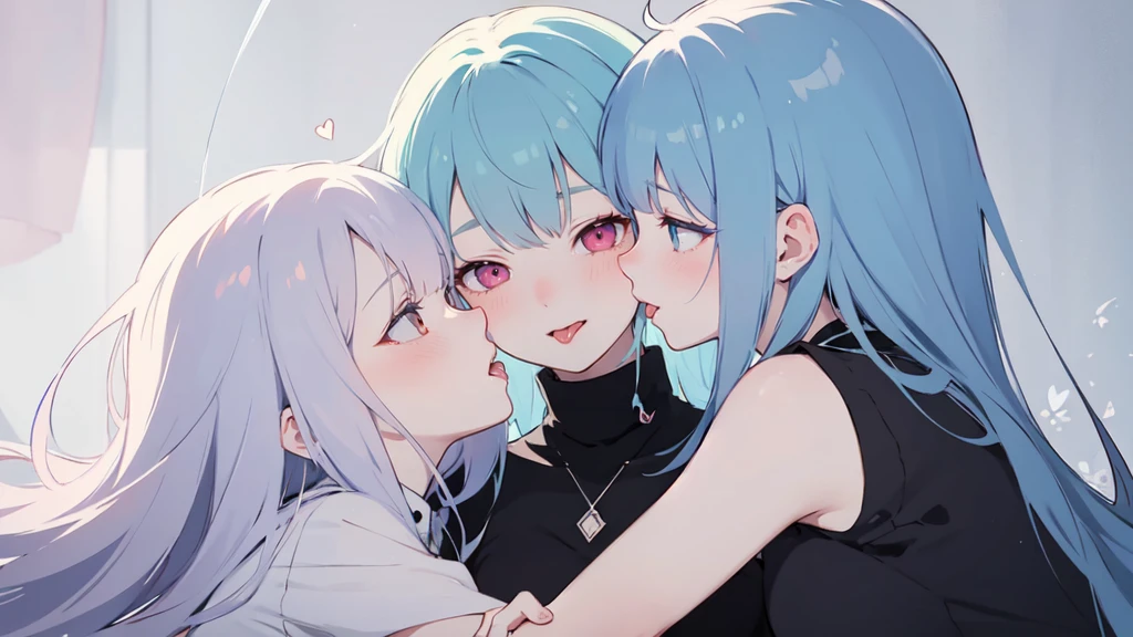(masterpiece), (best quality), (ultra detailed),(dishevelled hair),(illustration), ((twins sisters, blue hair)(2woman)), long hair, standing, Fashion model ( pink ying yang clothes), looking at viewer, (interview), (casual school background),beautiful blue eyes, delicate beautiful face, ,(high saturation),(colorful splashes),(shining), blue hair (shining), bangs, best lighting, best shadow. smiling. big breast. kissing (sister love)