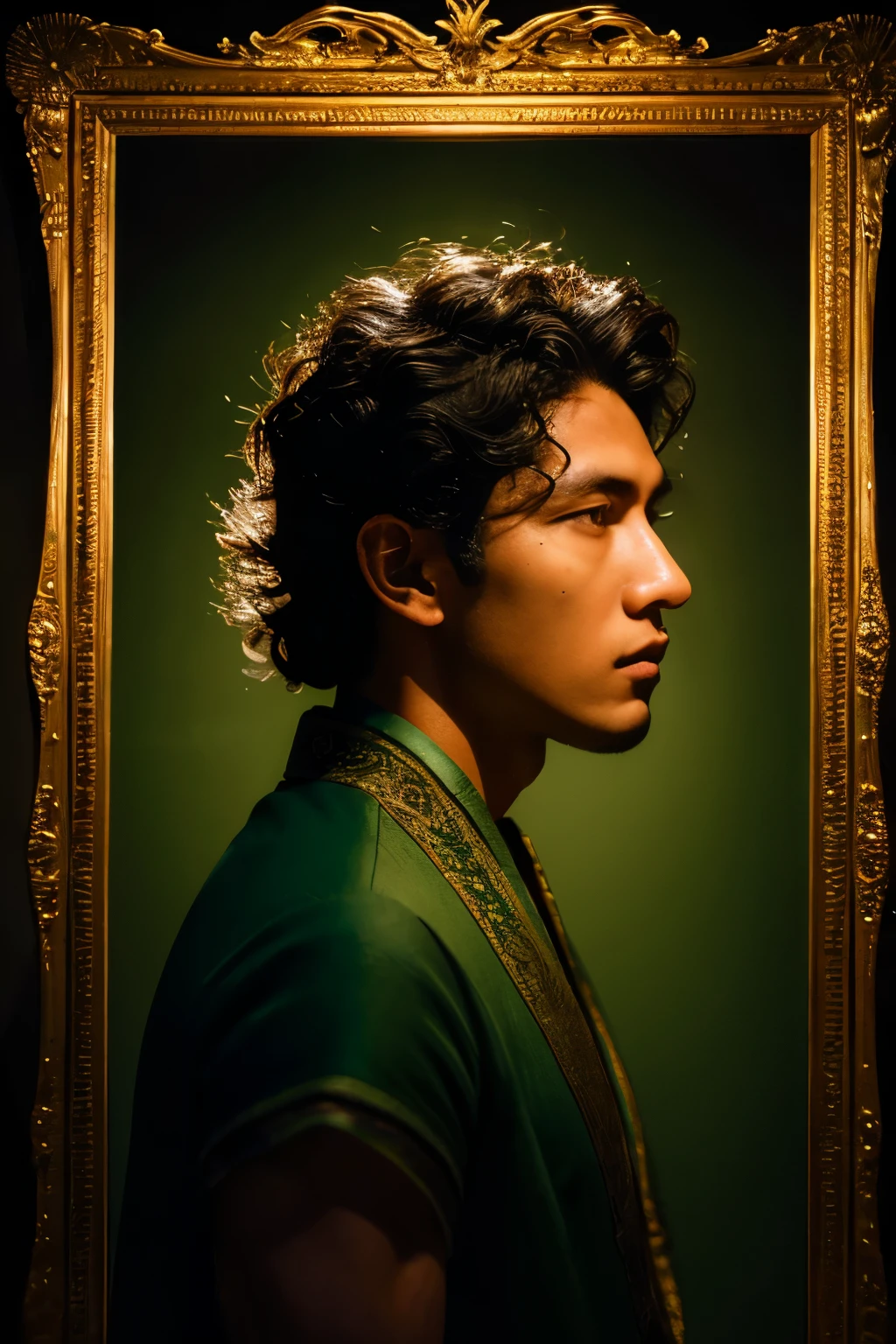 In the shady setting of a (photographie de portrait:1.2) rests the face of a very handsome young man, A melody of dark brown and ashy hues. His mane of fire, A cascade of smoke that curls up, conjures up stories of molten turmoil, A sinister crown of untamed tumult. Emerald orbs smouldering with an age-old riddle, Twin Lanterns of Forgotten History, while the abyssal fur undulates in sinuous waves of ebony, evoking whispers of ink and sadness. A Posed Warrior Stands, Embodying strength and availability. The intricate beauty of nature's diverse tapestry is portrayed as unraveled and revealed. This description evokes a haunting and haunting quality, Capturing the essence of the warrior's presence and the intricate wonder of the natural world.
