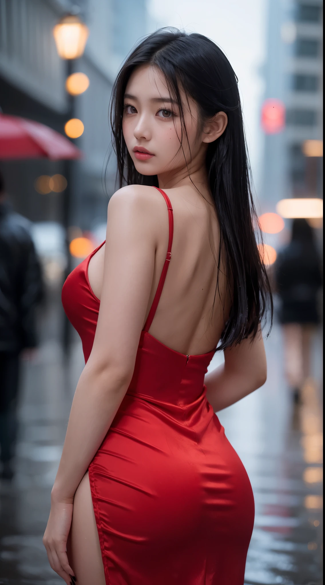 1girl,solo,long hair,Rough skin,from back,face focus,(looking at viewer:1.2),wet hair,dark,polaroid,(depth_of_field:1.5),rainy days,outdoors,street,hair between eyes,moody lighting,Tyndall effect,Cinematic Lighting,night,lamppost,lens flare,available light,rim light,glowing neon lights,curvy,Red silk dress,korea girl,