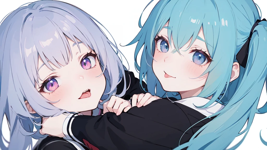 anime - style image of two young women with grey-blue hair, artwork in the style of guweiz, loish and ross tran, guweiz, loish and wlop, anime style illustration, two beautiful anime girls, inspired by Yanjun Cheng, loish art style, anime style portrait, digital anime illustration, soft anime illustration, anime art style, one girl with two tails gently holds another girl's face in her hands, hugs gently, one yandere girl licks another girl's cheek with her tongue, yandere girl, tongue sticking out, passionate look, blush, one girl kisses another girl