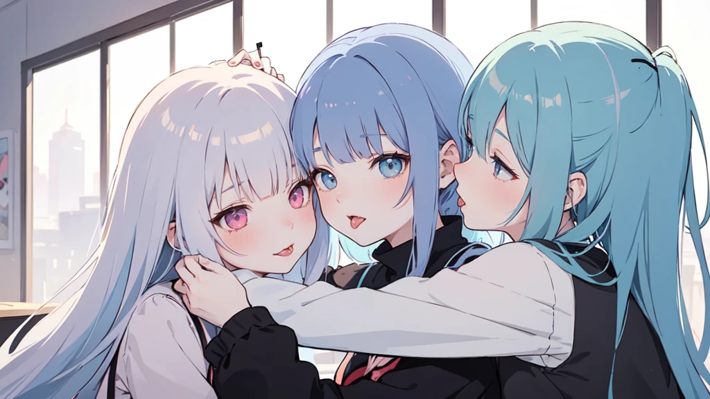 (masterpiece), (best quality), (ultra detailed),(dishevelled hair),(illustration), ((twins sisters, blue hair)(2woman)), long hair, standing, Fashion model ( pink ying yang clothes), looking at viewer, (interview), (casual school background),beautiful blue eyes, delicate beautiful face, ,(high saturation),(colorful splashes),(shining), blue hair (shining), bangs, best lighting, best shadow. smiling. big breast. kissing (sister love)