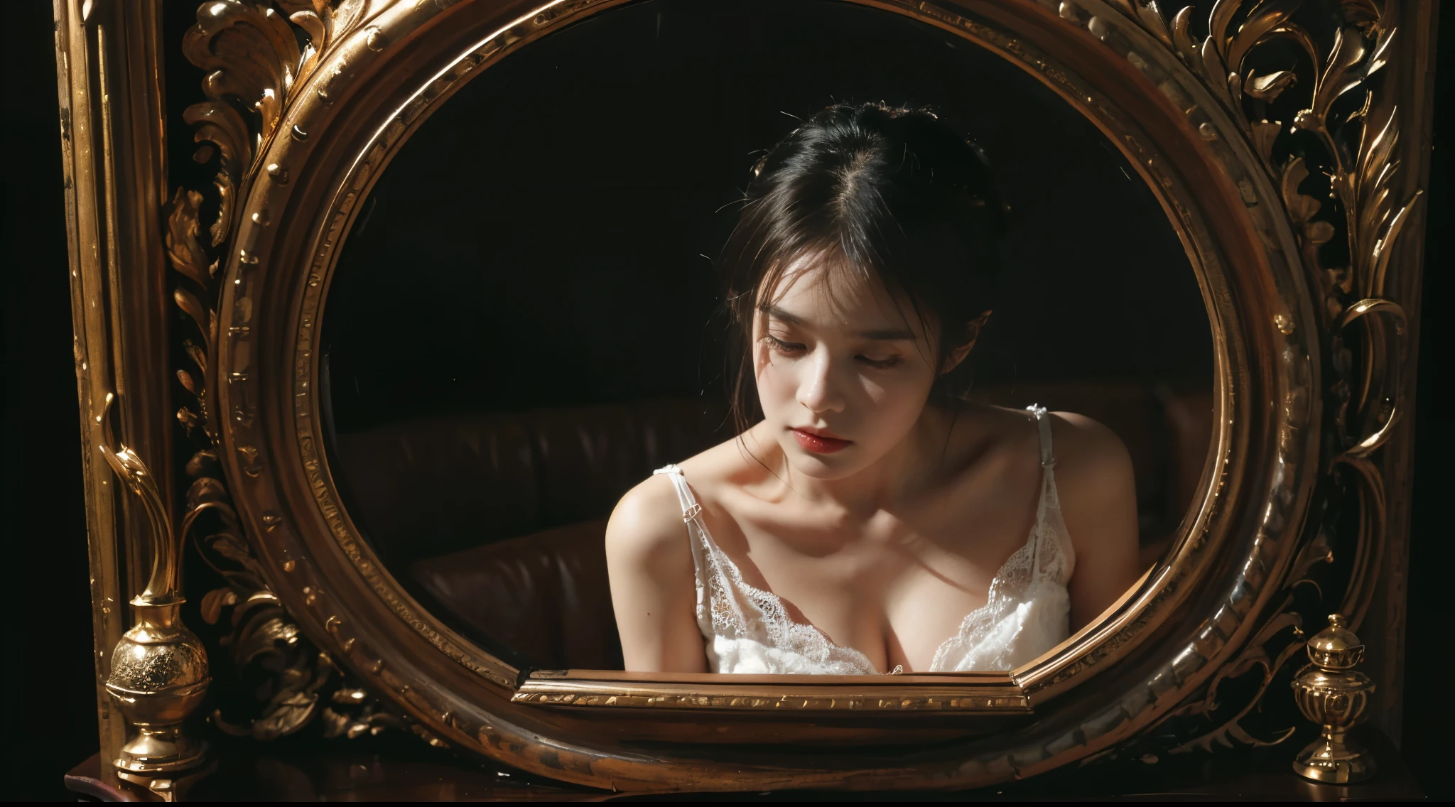 官方Art, unified 8k wallpaper, Super detailed, beautiful, beautiful, masterpiece, best quality, dark, Atmospheric, mystery, Romantic, crawl, literature, Art, Fashion, victorian era, decorate, complex, ironwork, lace, Brooding, emotional depth, supranatural, 1 girl, alone, neck, bust composition