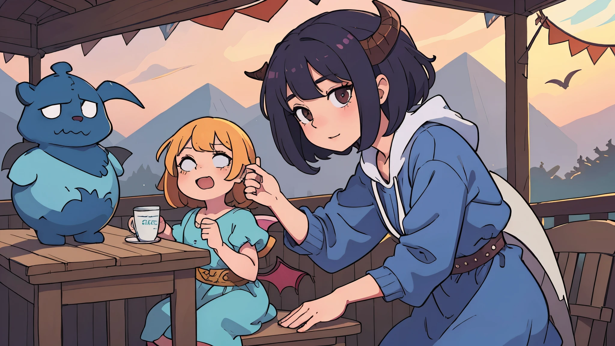 Splash art, cute demon girl, demon wings, cute blue summer dress, (perfect hands), looking to viewer, standing on wooden table, with a baby on her lap, stunning beauty, [[chibi]], close-up, muted colors, deep shadows, trending on Pixiv, 4k