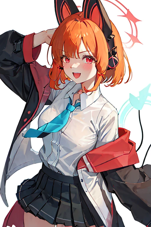 best quality, masterpiece, high resolution, alone, {sleep_bluearchive:1.15}, animal_ears, earphone, orange haired girl_hair, Forged_animal_ears, animal_ear_earphone, cexist_ear_earphone, bow, halo, hair_bow, Bangs, Pale green_Eye, blush, Open_Mouth, short_hair, tie, blue_tie, Red_bow, cexist_ears, Red_Eye, 1 girl, collaRed_shirt, jacket, shirt, white_shirt, watching_exist_audience, Smile, simple_background, superior_Body, white_background