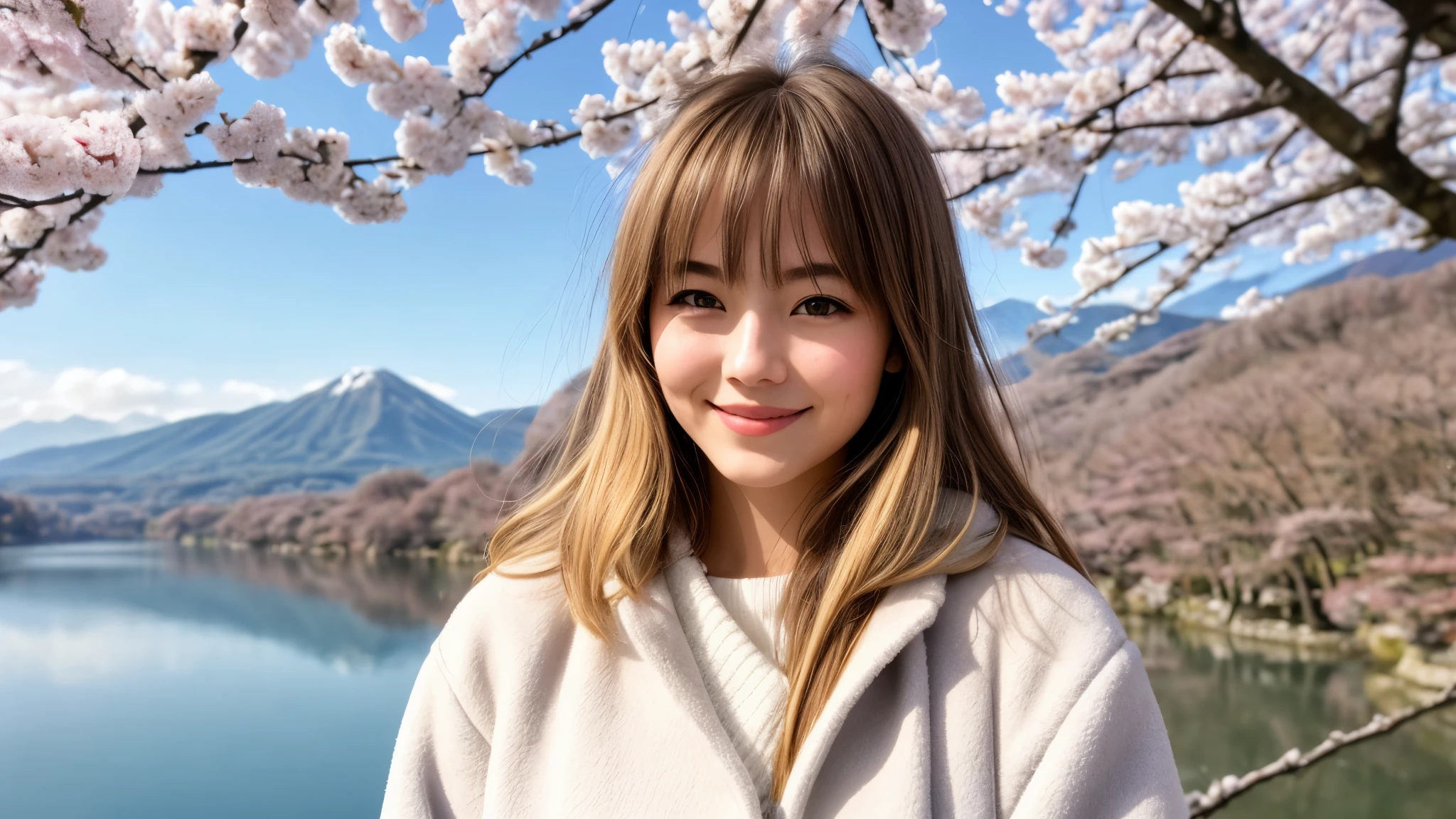 Instagram pictures, 1French Girl, Shoulder length hair, with light blonde hair, Close-up photo, coat, The background is the lake Kawaguchiko with cherry blossom, Japan, smile a little,