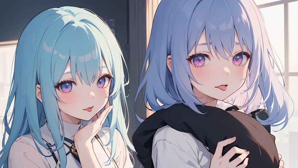 (masterpiece), (best quality), (ultra detailed),(dishevelled hair),(illustration), ((twins sisters, blue hair)(2woman)), long hair, standing, Fashion model ( pink ying yang clothes), looking at viewer, (interview), (casual school background),beautiful blue eyes, delicate beautiful face, ,(high saturation),(colorful splashes),(shining), blue hair (shining), bangs, best lighting, best shadow. smiling. big breast. kissing (sister love)