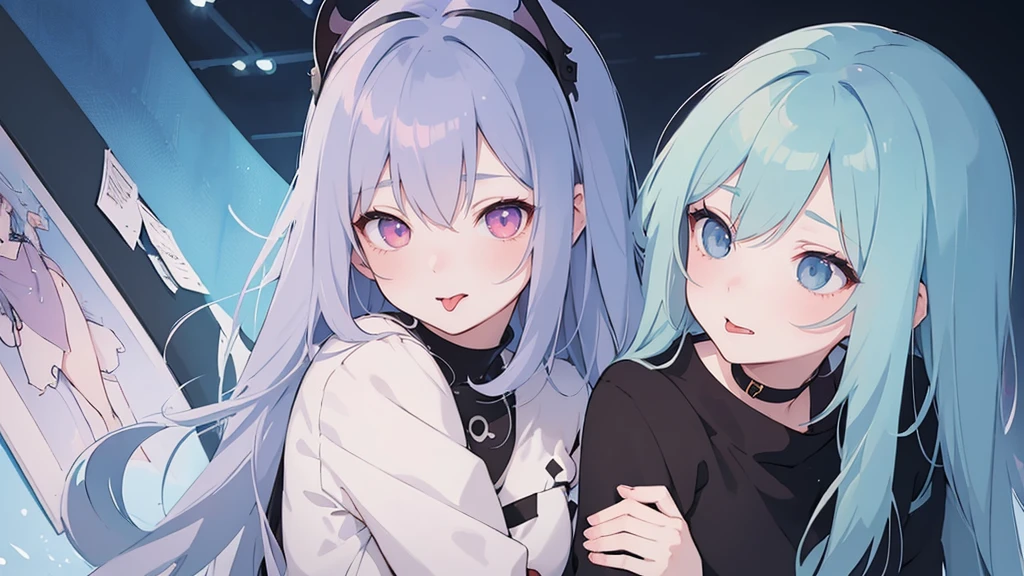 (masterpiece), (best quality), (ultra detailed),(dishevelled hair),(illustration), ((twins sisters, blue hair)(2woman)), long hair, standing, Fashion model ( pink ying yang clothes), looking at viewer, (interview), (casual school background),beautiful blue eyes, delicate beautiful face, ,(high saturation),(colorful splashes),(shining), blue hair (shining), bangs, best lighting, best shadow. smiling. big breast. kissing (sister love)