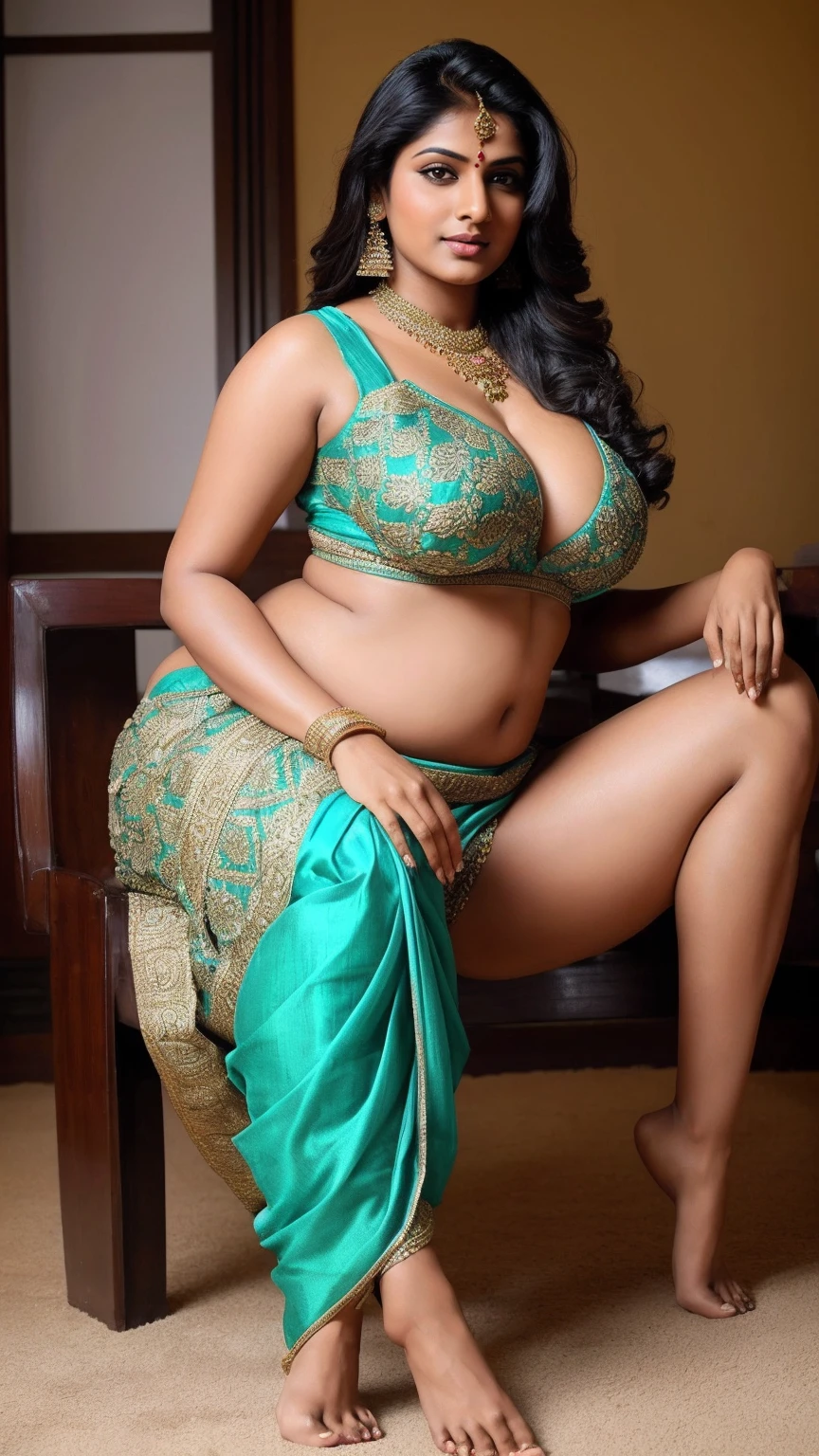 Indian women in saree,, thick thighs, sexy body, ((large breasts)), alluring body, beautiful face , (((good proportion))), seducing, realistic background, jwellery,, pubic hair, pose, chubby aunty,bare feet, open legs, spreading legs
