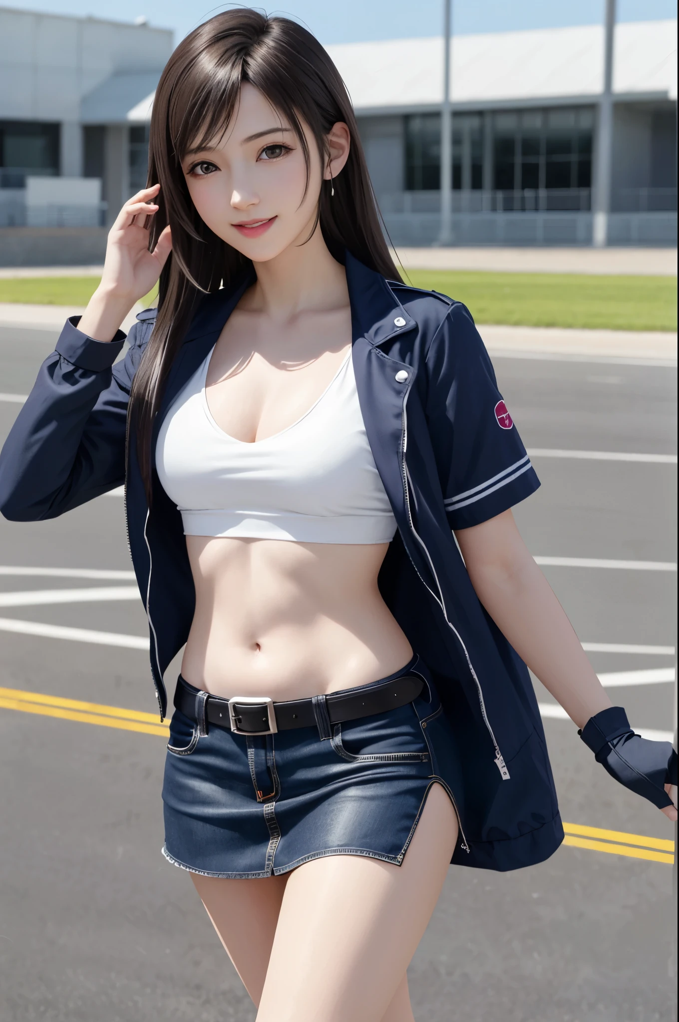 (top quality, masutepiece: 1.1), (Realistic: 1.3), BREAK (((FF7,Tifa_lockhart))),(solo,Tifa:1.2),(japanese ,race queen ,sleeveless,tight blue short jacket,Tube top,blue short skirt ,low rise, blue tight long boots:1.3,logo) ,(grid girl) , (racing circuit,sports car),(Stand in a motorsport race),(gravure pose:1.3,nogizaka idol),Ultra-detailed face, Detailed eyes,Red eyes, BREAK (((FF7,Tifa_lockhart))),(black brown hair, Large breasts: 1.2), BREAK (Small and beautiful hard nipple)  About 18 years old,kawaii,happy smile,face focus:1.2,shy,blush,suggestive,sensual,looking at viewer,standing, 