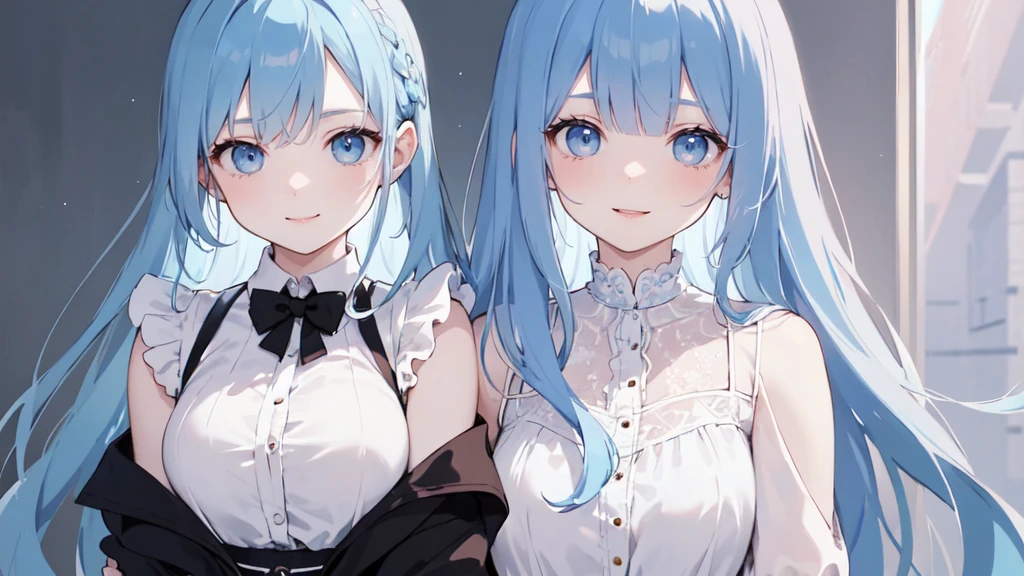 (masterpiece), (best quality), (ultra detailed),(dishevelled hair),(illustration), ((twins sisters, blue hair)(2woman)), long hair, standing, Fashion model ( pink ying yang clothes), looking at viewer, (interview), (casual school background),beautiful blue eyes, delicate beautiful face, ,(high saturation),(colorful splashes),(shining), blue hair (shining), bangs, best lighting, best shadow. smiling. big breast. kissing (sister love)
