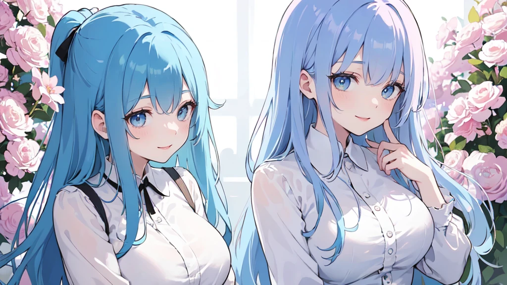 (masterpiece), (best quality), (ultra detailed),(dishevelled hair),(illustration), ((twins sisters, blue hair)(2woman)), long hair, standing, Fashion model ( pink ying yang clothes), looking at viewer, (interview), (casual school background),beautiful blue eyes, delicate beautiful face, ,(high saturation),(colorful splashes),(shining), blue hair (shining), bangs, best lighting, best shadow. smiling. big breast. kissing (sister love)