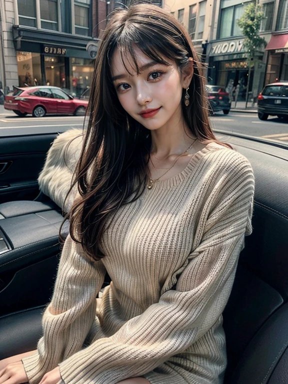 ((highest quality, 8K, masterpiece:1.3)), concentrated:1.2, perfect body beauty:1.4, buttocks:1.2, ((delicate hair)), (sweater dress:1.1) , (sportscar, street: 1.2), Highly detailed face and skin texture, fine eyes, double eyelid, Whitening skin, big breasts, smile, wearing a necklace, ring, A person sitting in a car with his butt up々,