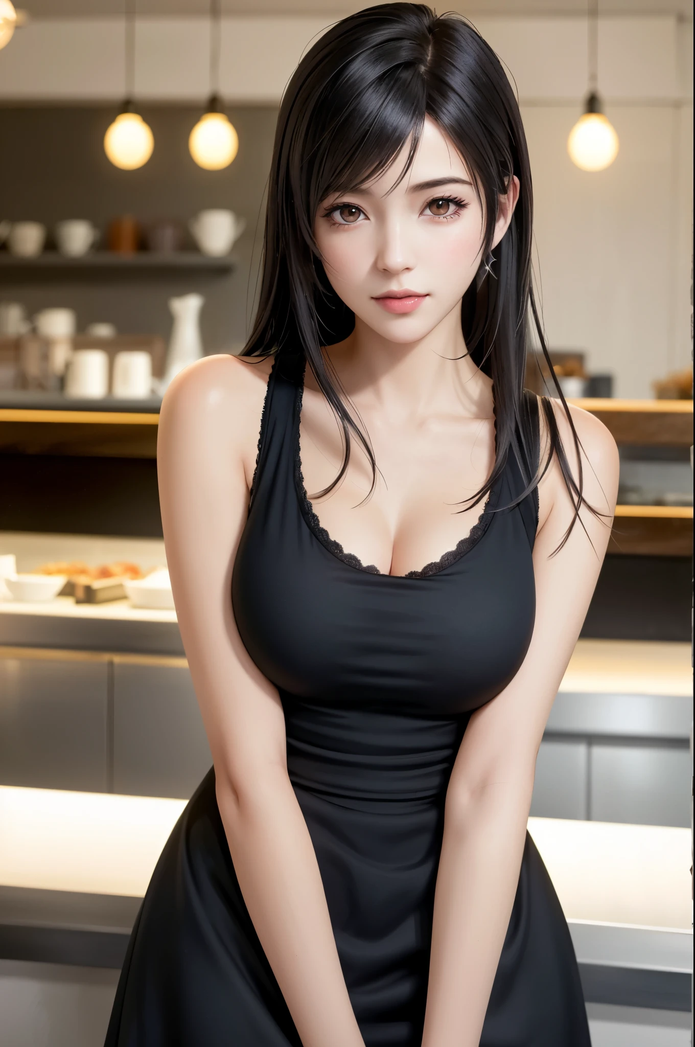 (top quality, masutepiece: 1.1), (Realistic: 1.3), BREAK (((FF7,Tifa_lockhart,solo)))(gravure pose:1.2,idol),Ultra-detailed face, Detailed eyes,Red eyes, BREAK (((FF7,Tifa_lockhart))),(black brown hair, Large breasts: 1.0), BREAK ,(location: a cozy coffee shop with warm lighting),(tifa_lockhart is a waitress:1.2,café staff,black apron:1.5),(white shirt,black pants),About 18 years old,kawaii,shy:1.1,happy, smiling,