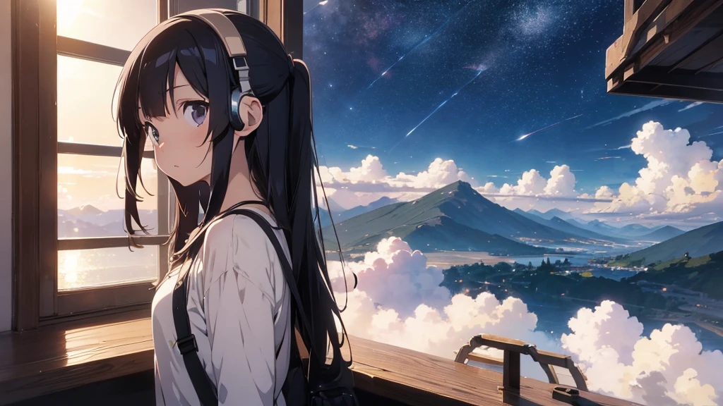 Sense of openness,anime background art,anime scenery,anime background,beautiful anime,Sideways Girl,Lo-fi,study,headphone,Cat