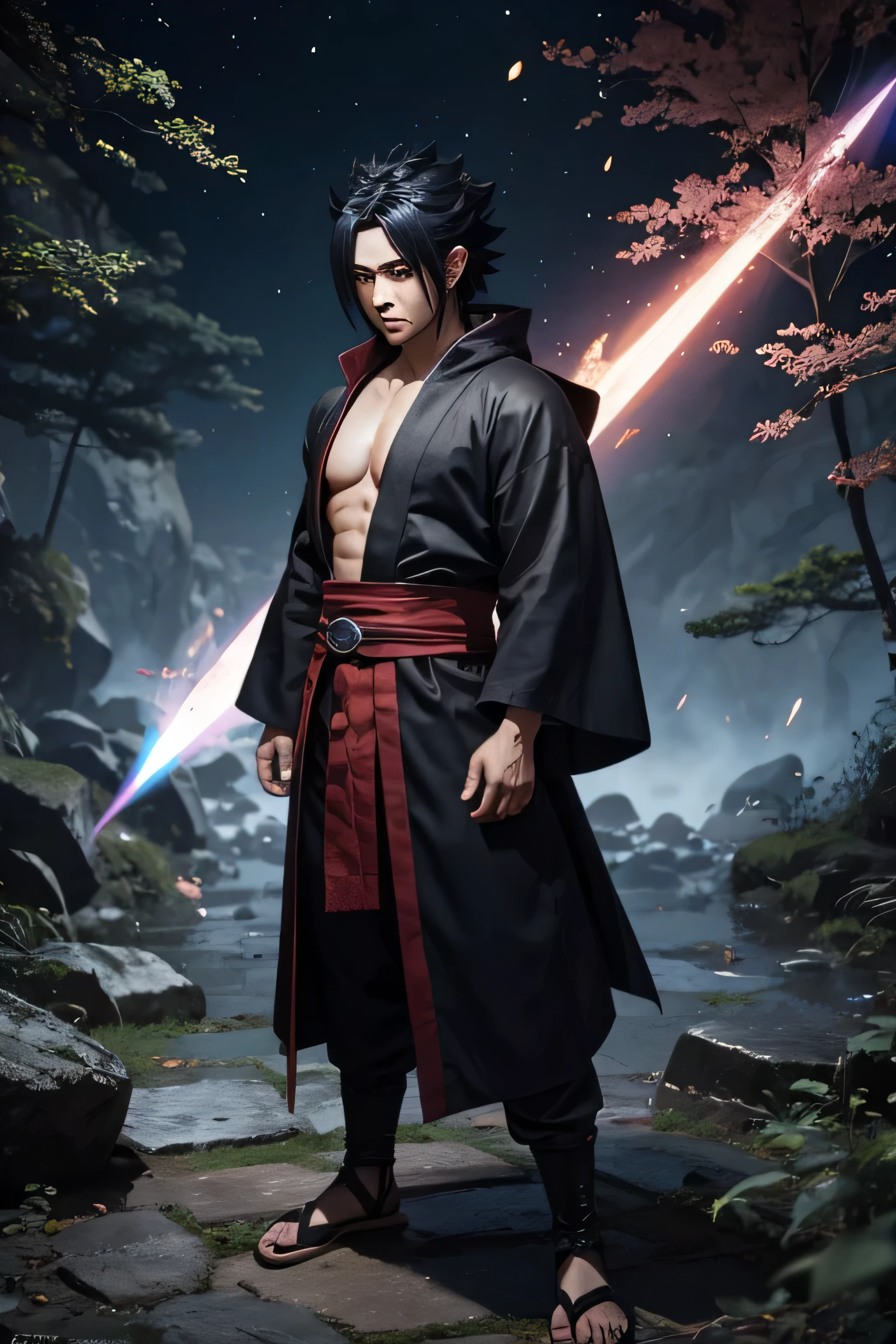 Sasuke Uchuiha, modo Rikudou Sennin, usando chakra da Raposa de nove caudas, com rinnegan ativado, segurando duas espadas, parado no meio da chuva