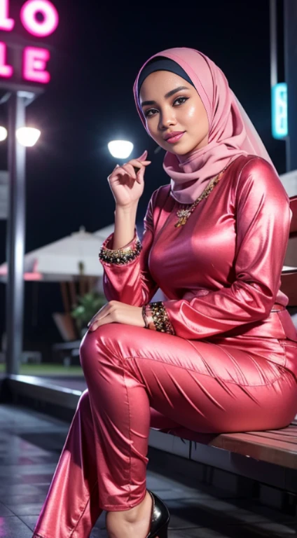 RAW, Best quality, high resolution, masterpiece: 1.3), beautiful Malay woman in hijab (iu:0.8),Best quality, high resolution, Masterpiece: 1.3, Beautiful hijabi malay girl, Masterpiece, Soft smile, Realistic, 1girl, charming eyes, glowing eyes, cut top, dress, parted lips, blush, night, sun, sun, big breasted girl, fashion outfit, sexy feminine,wear kebaya pink long neck, sitting in night club stage, pullover, long pants, high heels, highres,4k,HDR,1girl, photorealistic, realistic,sweat skin, wet clothes, wet body, big breast, ((full body))soaked, dripping, smiling at viewer, closeup