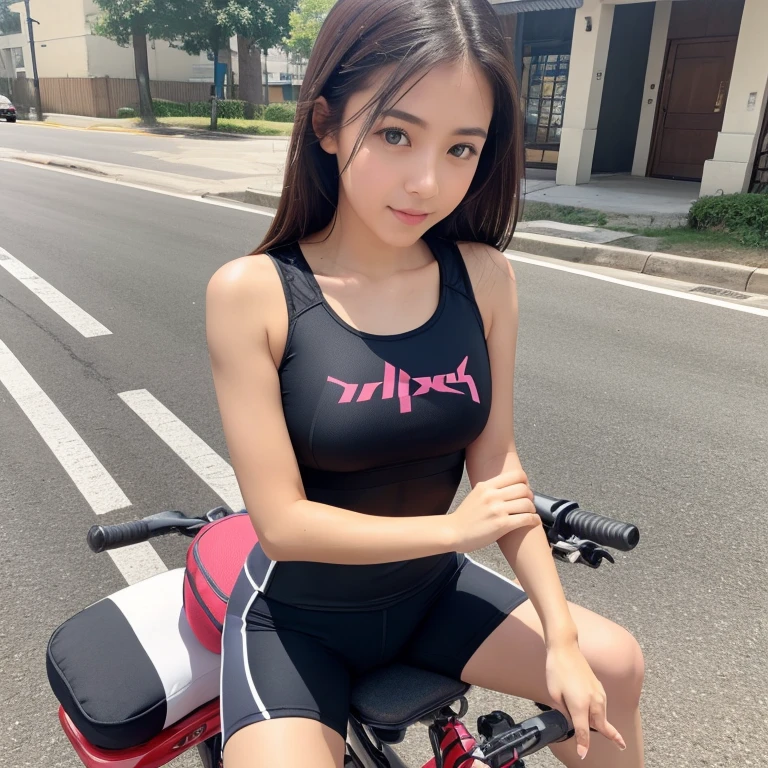 Girl straddling a bike saddle cushion, sportswear,masterpiece、highest quality、looking at the camera
