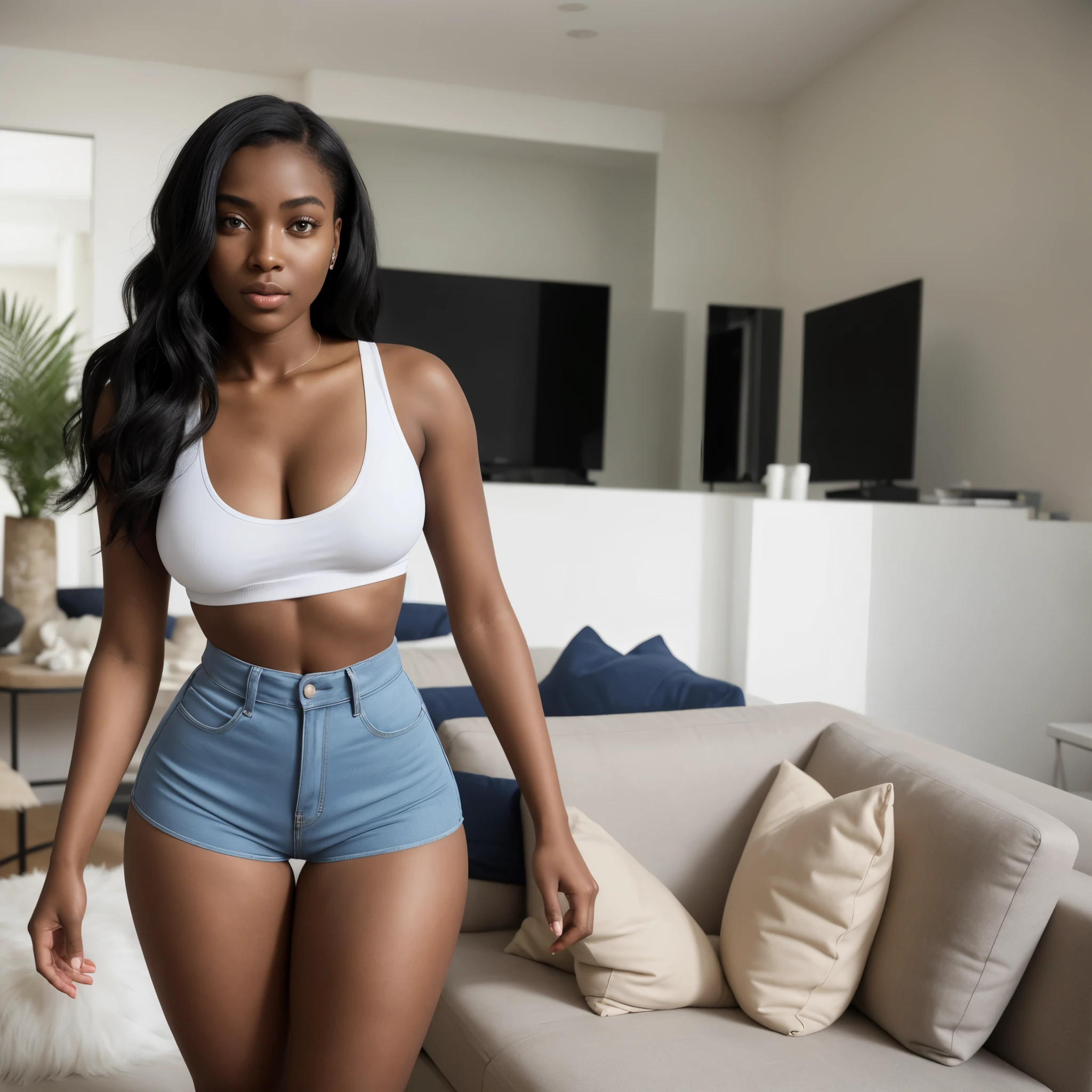 one 23 year old light ebony girl, sexy hour-glass body type, proportionally curvy, slender with curves, tear-drop breast type, protruding nipple type, seductive, form fitting Uranian Blue high waist shorts and white tank top, in the morning in her living room with furniture all around,without bra,cute pose, ass