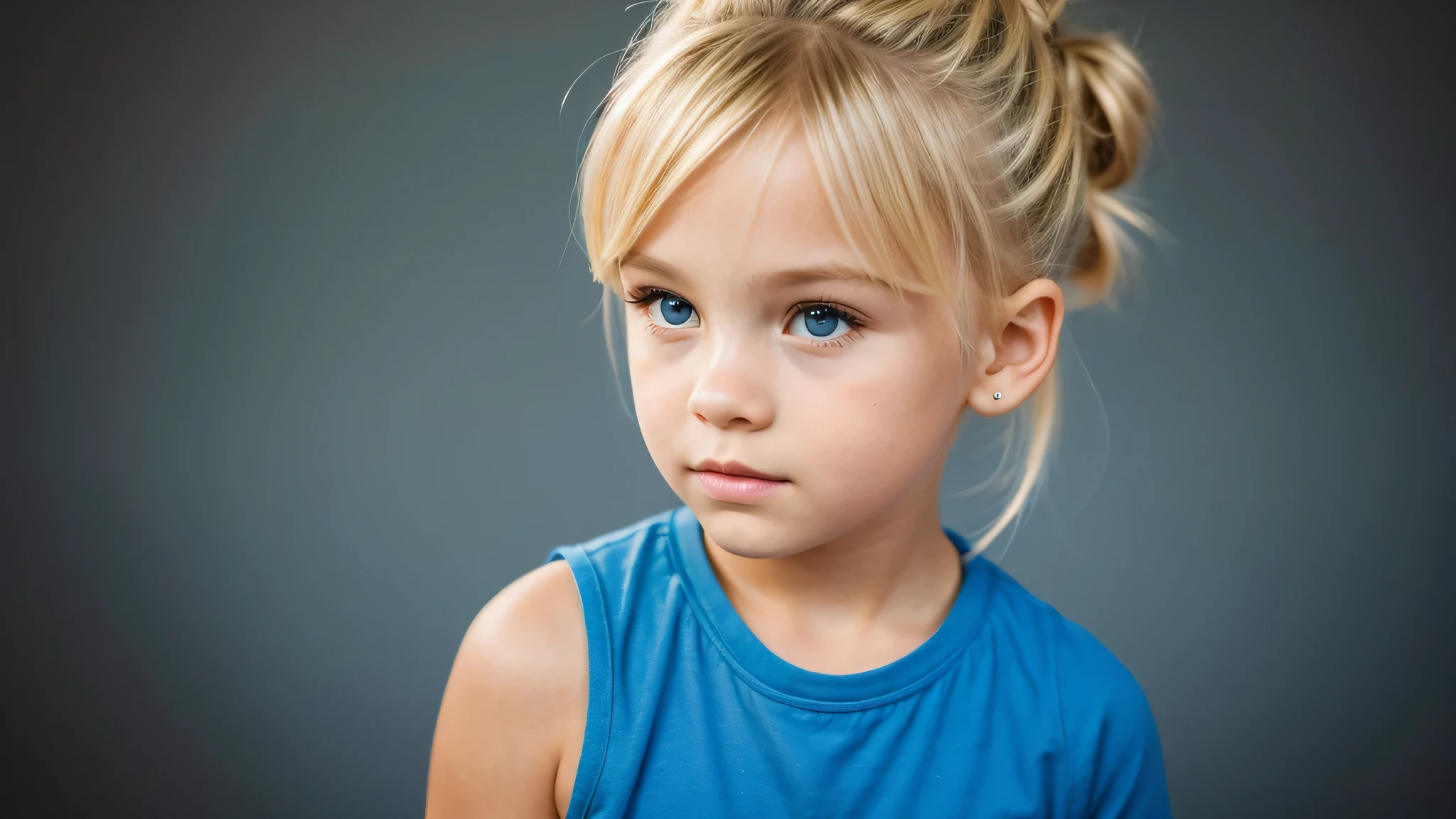 BLUE OIL BACKGROUND, KIDS BLONDE HAIR BUN portrait