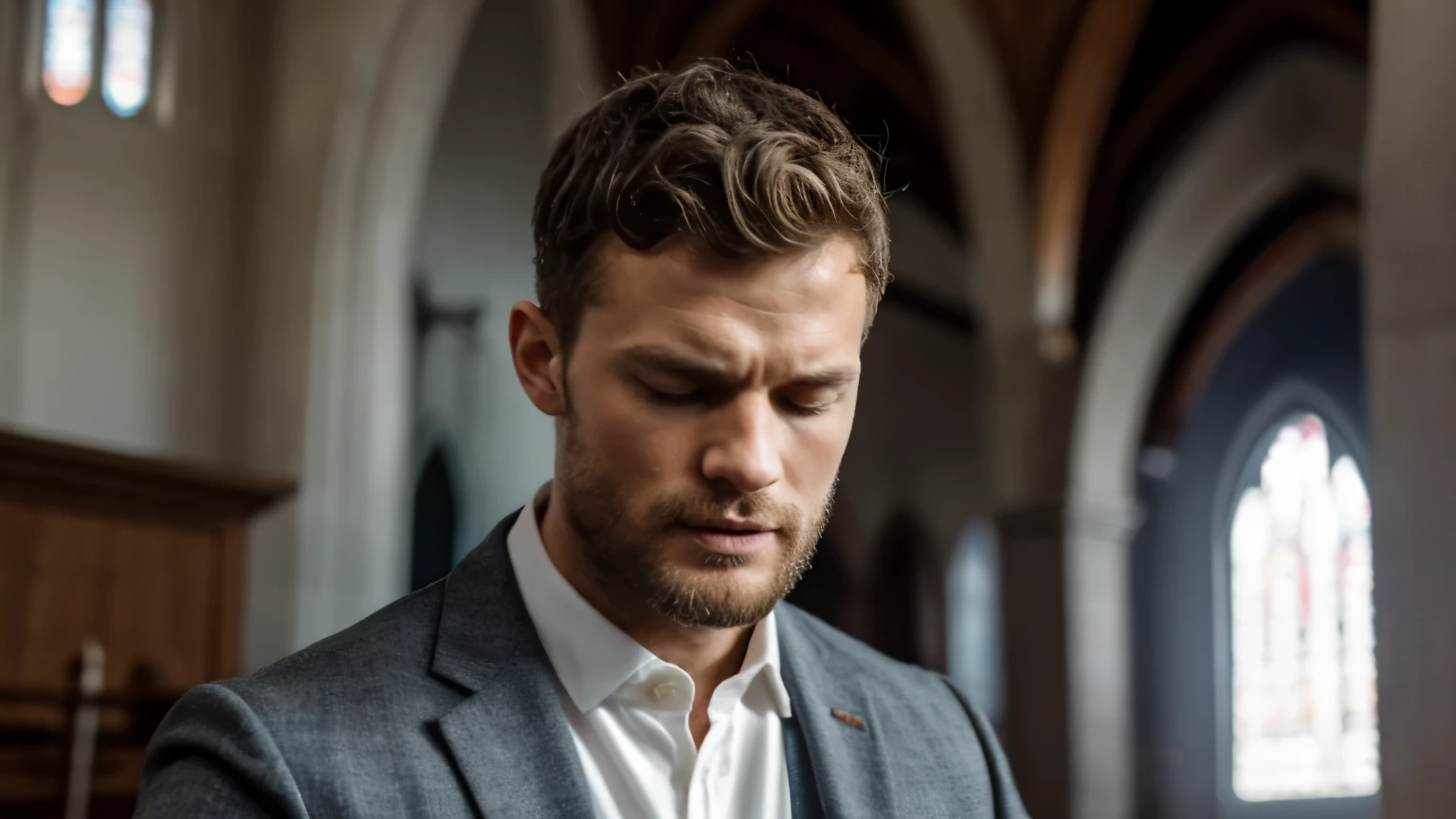Jamie dornan as a pastor praying with his eyes closed in church, cinematic image, wearing a gray suit, short hair, short beard, background image of a Christian church inside, pastor praying, best quality, 8k, focus on the details of the face, professional image, movie cover style.