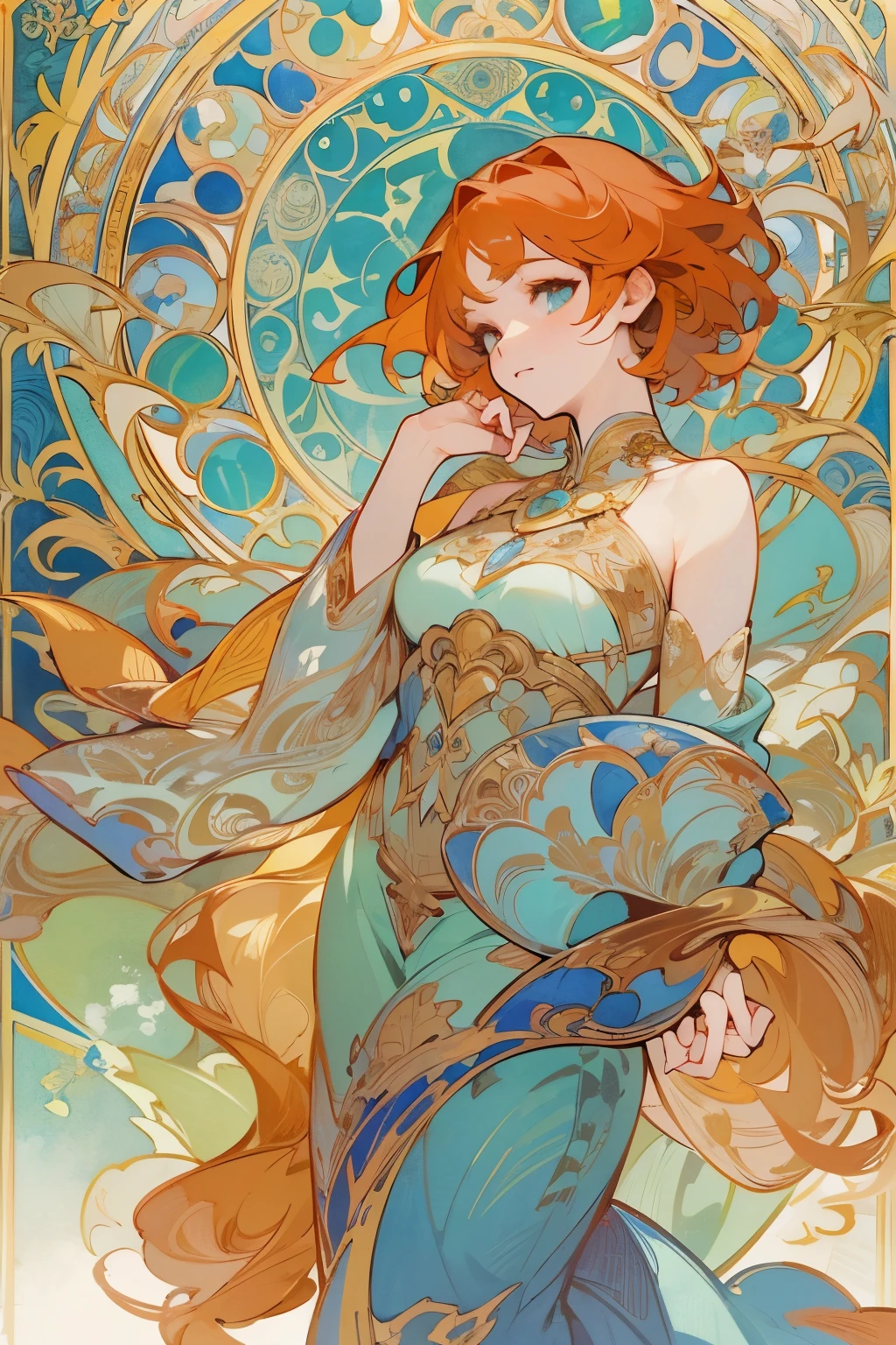 masterpiece, highest quality, (Highly detailed CG Unity 8K wallpaper), (highest quality), (best illustrations), Beautiful woman, aquamarine and gold color dress, reddish orange hair、strong curl short hair、horoscope、Crab, Crabの擬人化、Mysterious, Alphonse Mucha, Art Nouveau line, awesome full color,　watercolor painting　
