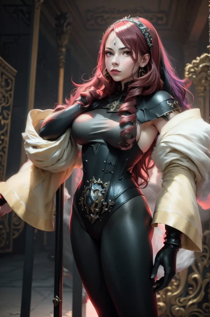 a woman with red lipstick has armor on and is holding a sword, kirijou mitsuru, 1girl, solo, hair over one eye, long hair, (((red hair))), weapon, rapier, sword, bodysuit, black bodysuit, grey bodysuit, hand on hip, (((large breasts))), (purple theme:1.2), ((indoors)) (In Baroque style hall:2), queen, majestic, graceful, perfect face, beautiful face, perfect female body, mature female, (glowing red eyes:1.2), short ponytail, Queen's crown, darker violet gossamer veil, royal red cloak with jewels and fur, royal red shawl with jewels and fur, earrings, jewels, jewelry, head ornaments, hands ornaments, legs ornaments, high heels, Narrow waist, big ass, wet, wet body, sweating body, shiny skin, ((no close up)), (8k, RAW photos, highest quality, masterpiece: 1.7). (Realistic, Photorealistic: 1.9)
