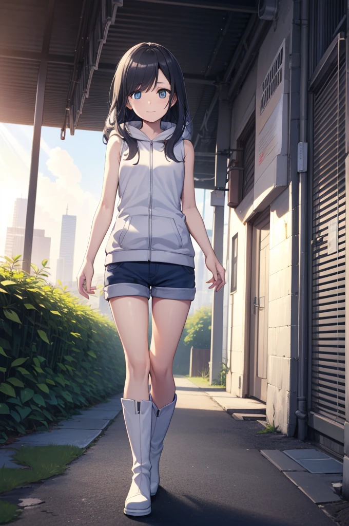 Hi Amano, Amano Hina, black hair, blue eyes, long hair, low Double tail, Double tail, (small breasts:1.2), Happy expression，Walk the streets，boots, hood, hood down, hooded Vest, hoodie, Rubber boots, short shorts, shorts, sleeveless, Vest, White footwear, white Vest, The background is the big sun、Sunlight、beautiful weather, dense with greenery，City，best quality, high resolution, unified 8k wallpaper, (illustration:0.8), (Beautiful and delicate eyes:1.6), extremely detailed face, perfect lighting, Extremely detailed CG, (perfect hands, perfect anatomy)
