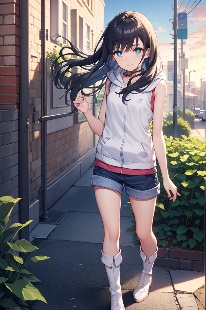 Hi Amano, Amano Hina, black hair, blue eyes, long hair, low Double tail, Double tail, (small breasts:1.2), Happy expression，Walk the streets，boots, hood, hood down, hooded Vest, hoodie, Rubber boots, short shorts, shorts, sleeveless, Vest, White footwear, white Vest, The background is the big sun、Sunlight、beautiful weather, dense with greenery，City，best quality, high resolution, unified 8k wallpaper, (illustration:0.8), (Beautiful and delicate eyes:1.6), extremely detailed face, perfect lighting, Extremely detailed CG, (perfect hands, perfect anatomy)
