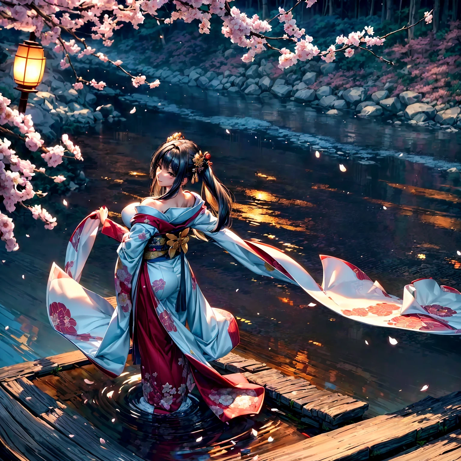 (((highest quality、masterpiece、8K quality,very high resolution)))、((A woman of perfect and ultimate beauty:24-years-old:Yamato Nadeshiko))、(beautiful face:smile、beautiful hair:Japanese hair decoration、beautiful body:Slender and beautiful breasts)、(best skin and hair texture)、(Beautiful Japan kimono:Japanese patterns and colors:Kimono sleeves and obi are long,Exposed shoulders from kimono,I can see the cleavage,I can see my thighs,whole body,Hair flutters under the influence of the wind,The sleeves and obi of the kimono flap in the wind.),(Mysterious waterfront:Beautiful cherry blossoms and waterfalls,Fantastic night sky and beautiful full moon,beautiful scenery,beautiful scenery,Beautiful colors)、(bijinga,realistic portrait)、(beautiful pose,various camera angles、model shoot),Overall image、accurate anatomy:1.2、accurate image:1.2、highly detailed images、perfect image、Image without defects、natural soft light、beautiful images、(best shot:1.2,RAW photo:1.2)