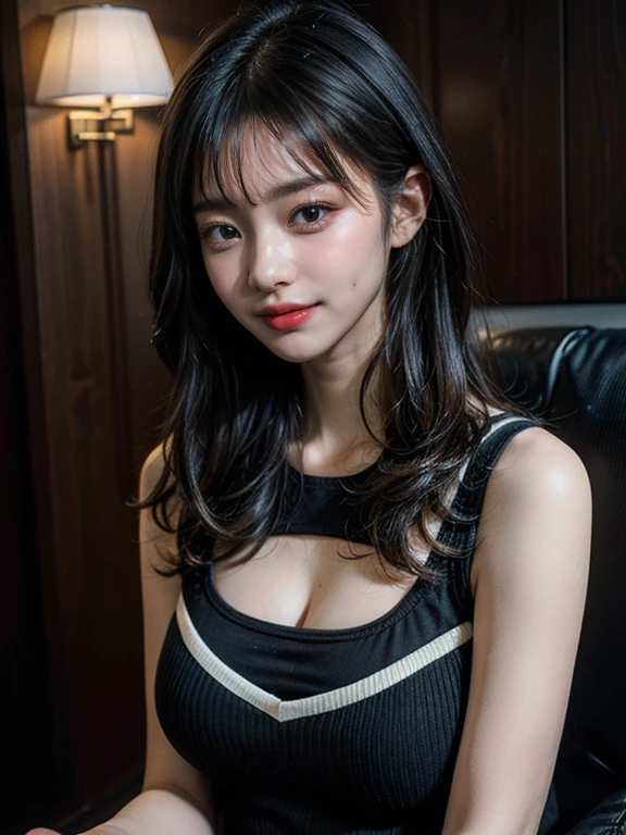 ((highest quality, 8K, masterpiece: 1.3)), 1 girl, slim, Tank top: 1.1, super slender face, delicate eyes, double eyelid, droopy eyes, smile, 17 years old, big breasts