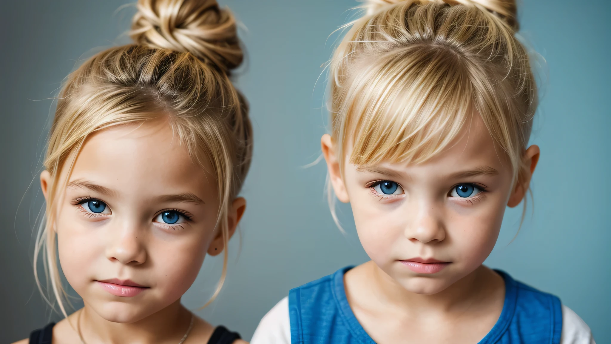 BLUE OIL BACKGROUND, KIDS BLONDE HAIR BUN portrait