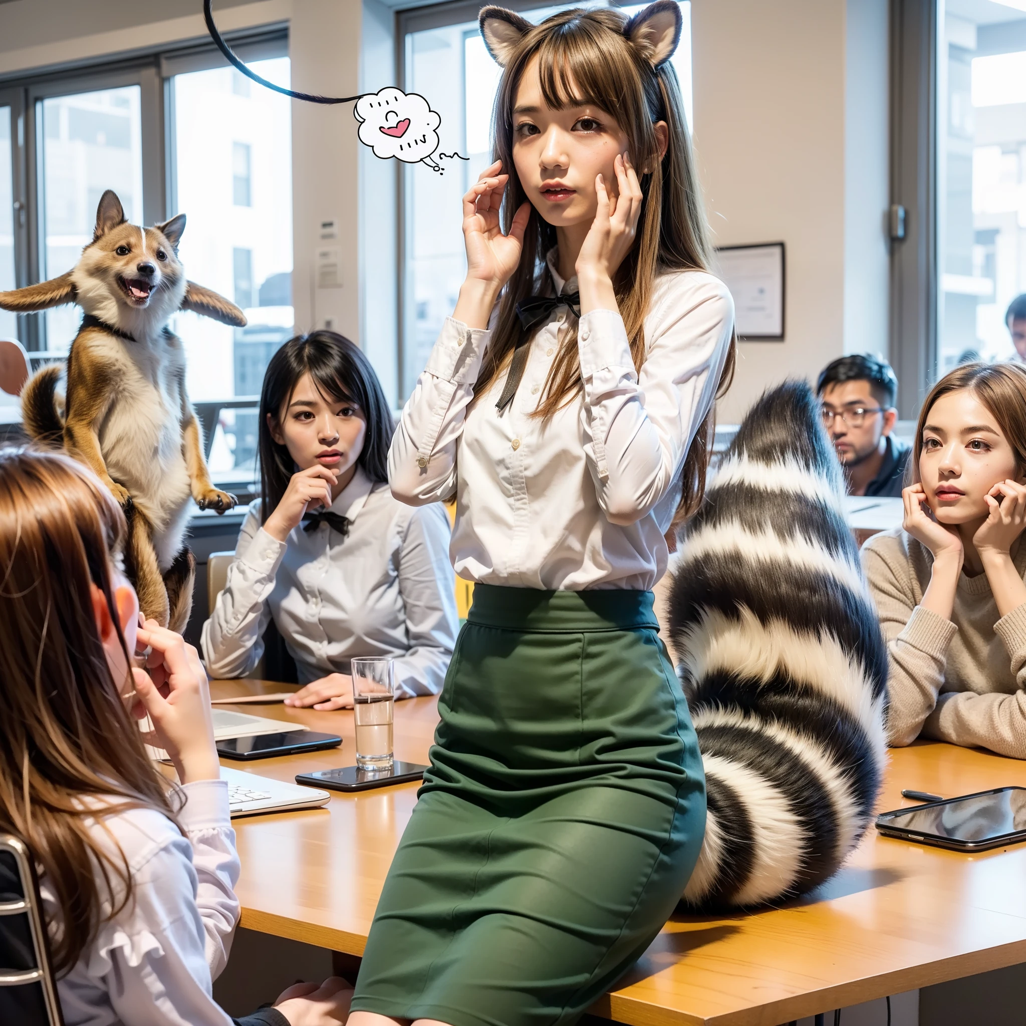 A photo of a seductive Japanese woman, 2, wearing a bunny girl costume and elegantly dressed in a suit in a crowded office, smiling brightly and talking to the woman beside her, taken from an oblique angle above.、Her hair is in rainbow-colored dreadlocks and she has rabbit ears on top of her head.、The photo shows her with a small chest and a calm expression.、It shows her inner peace and outer charm.。The rabbit next to her is holding a business bag and staring at the woman from below.。