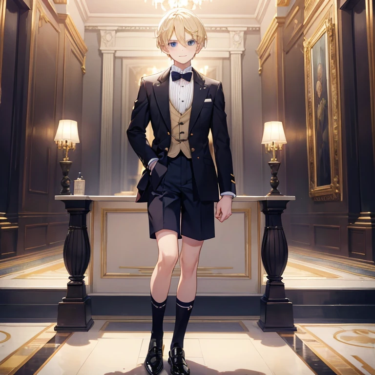 boy、aristocratic style、smile、blonde、blue eyes、fullbody、shorts、high socks、black shoes、Are standing