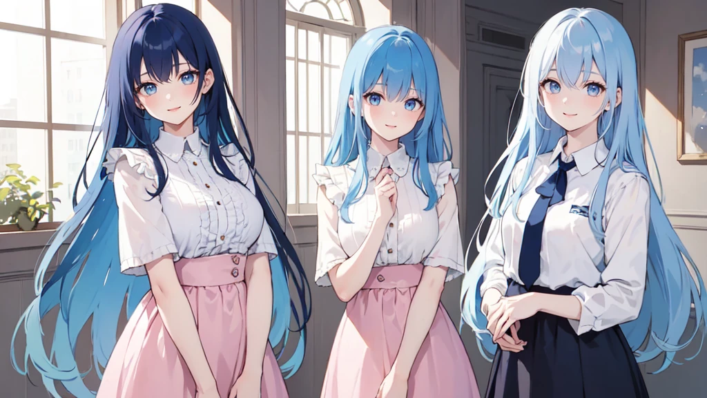 (masterpiece), (best quality), (ultra detailed),(dishevelled hair),(illustration), ((twins sisters, blue hair)(2woman)), long hair, standing, Fashion model ( pink ying yang clothes), looking at viewer, (interview), (casual school background),beautiful blue eyes, delicate beautiful face, ,(high saturation),(colorful splashes),(shining), blue hair (shining), bangs, best lighting, best shadow. smiling. big breast. kissing (sister love) manga vignettes