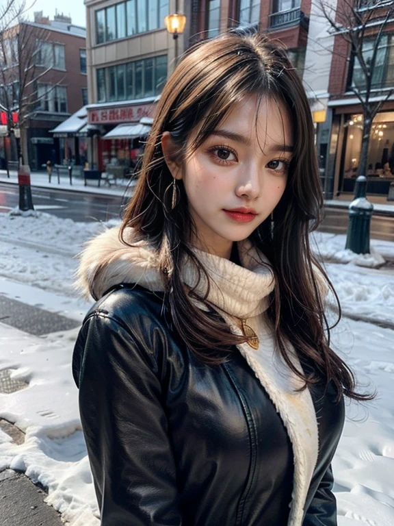 1 girl, just_wood, Brown_eye, Brown_hair, building, coin, cross_earrings, earrings, fur, fur trimmed_coin, fur_collar, fur_scarf, fur_trim, jewelry, lips, shorthair, looking for_in_viewer, outdoor, snow, snow, 一人in, wood, upper_body, winter, winter_Clothes, be familiar with_eye,big breasts, Bring your arms closer together, chest facing camera, stick out your ears, golden rinio face, golden rinio body, highest quality, ultra high resolution