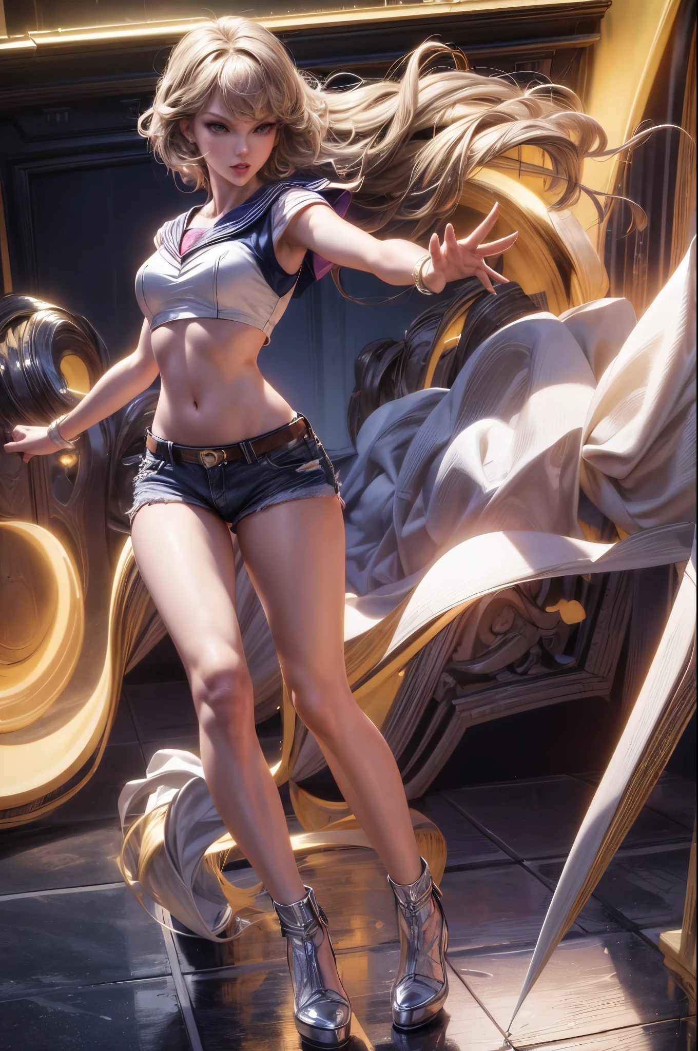 overall theme: hyper realistic, singer taylor swift (age 30), she is in a small trailer trash queen outfit (daisy duke jean shorts, small crop top), she is Sailor Moon, show her doing her magical transformation into Sailor Moon, taylor swift is unique no one else can look like her per animation. extreme attention to natural movement, highly detailed faces, show her from head to toe, full body shown, show her entire body, upscale to photo realistic, hyper realism, negative prompt: extra arms, extra hands, vanishing arms, vanishing hands, vanishing body parts, heads turning too far around, duplicate people, merging arms, merging hands, clones, identical people